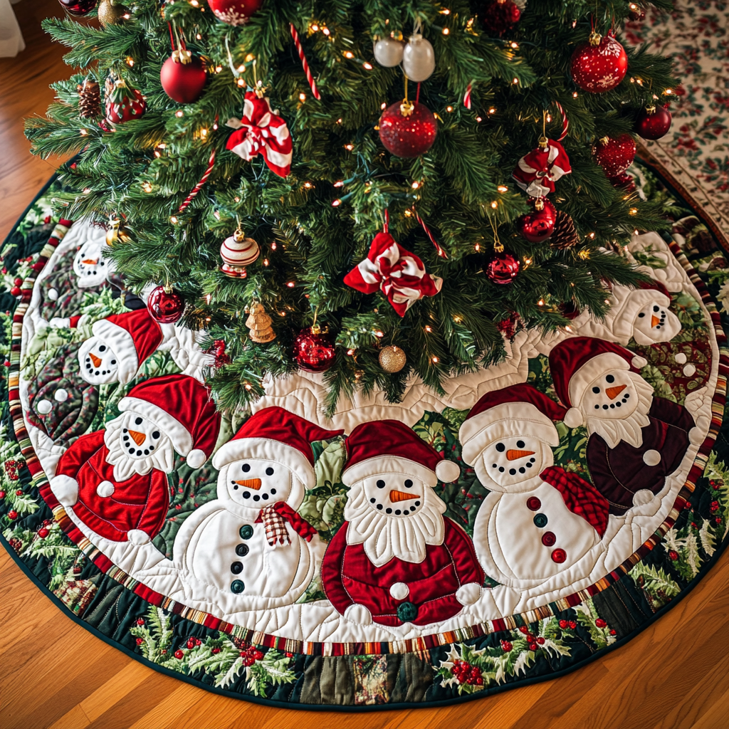 Frosty Fun Christmas Quilted Tree Skirt Holiday Tree Base Decoration