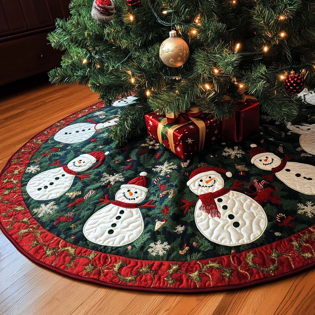 Frosty Glow Christmas Quilted Tree Skirt Seasonal Tree Area Decoration Xmas Under-Tree Decoration