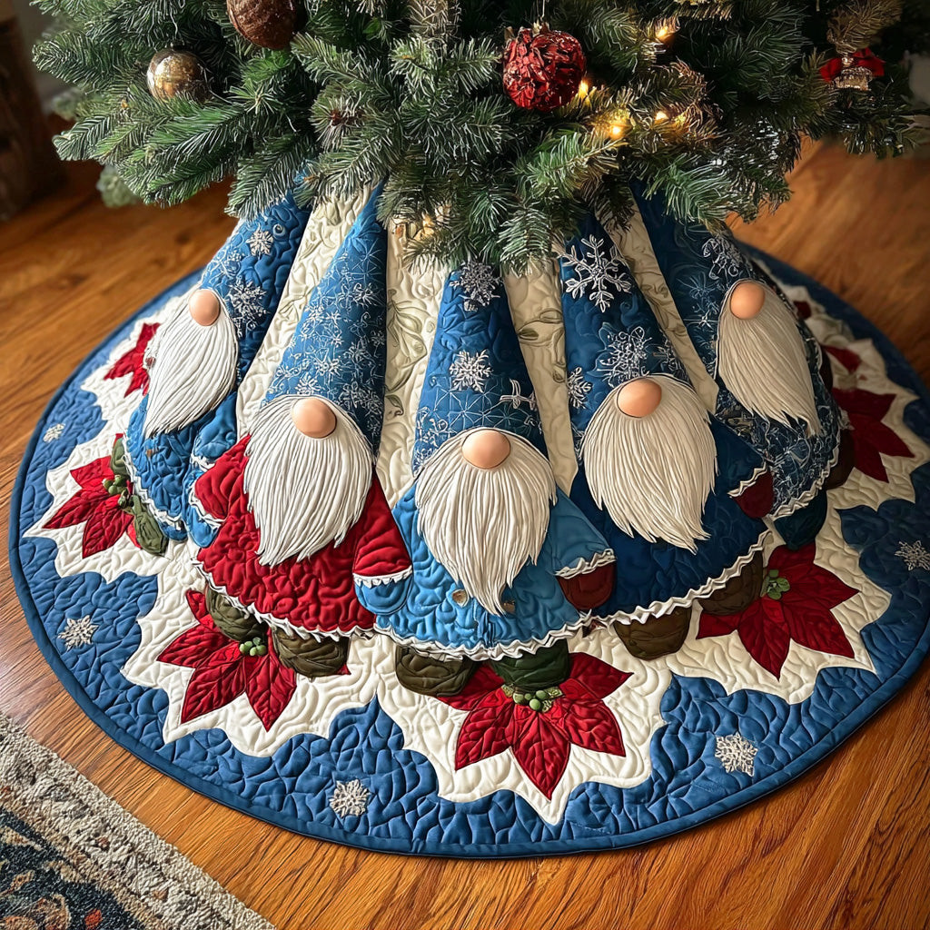 Frosty Gnome Circle Christmas Quilted Tree Skirt Christmas Tree Decorations Cool Holiday Tree Skirt