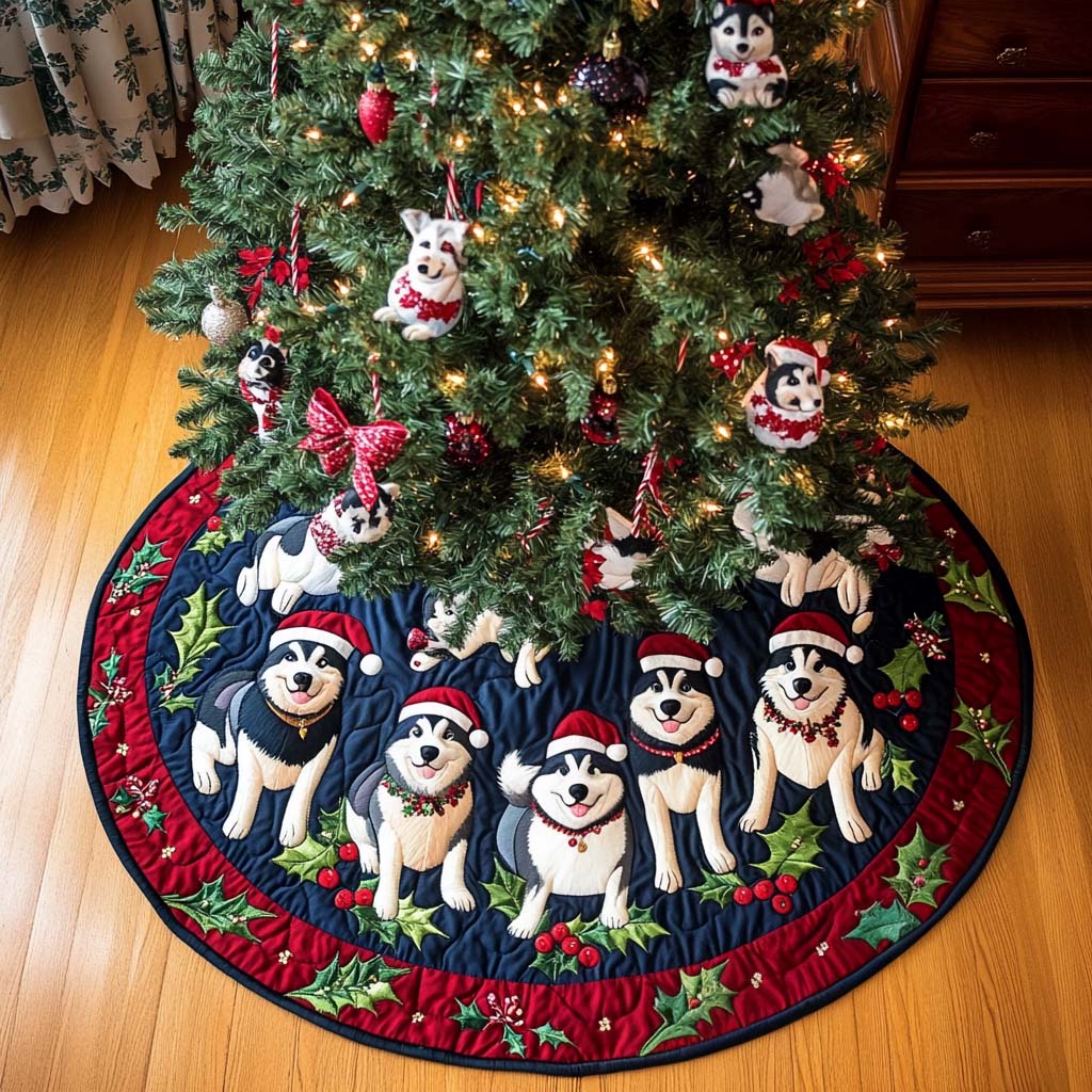 Frosty Husky Christmas Quilted Tree Skirt Christmas Tree Bottom Cover Family Xmas Gift Exchange Ideas
