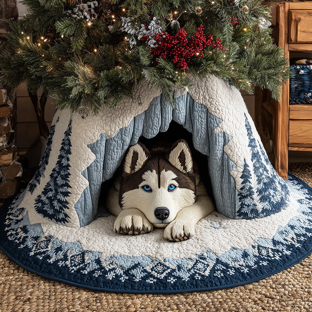 Frosty Husky Hideaway Christmas Quilted Tree Skirt Xmas Home Decor Gifts For Husky Lovers