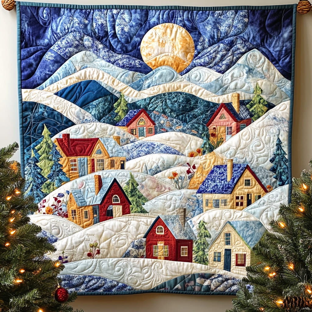 Frosty Moonrise Quilted Blanket For Christmas Gifts