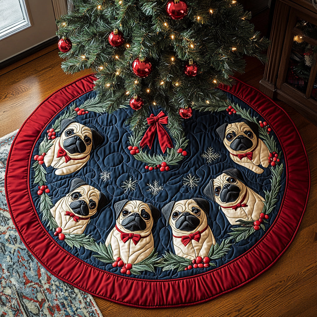 Frosty Pug Quilted Christmas Tree Skirt Xmas Indoor Decorations Pug Gifts For Pug Lovers