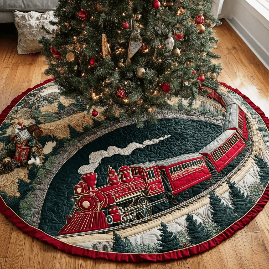 Frosty Ride Christmas Quilted Tree Skirt Festive Decor Christmas Gifts For Train Lovers
