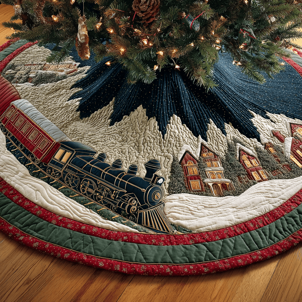Frosty Train Christmas Quilted Tree Skirt Winter Decor Christmas Gifts For Train Lovers