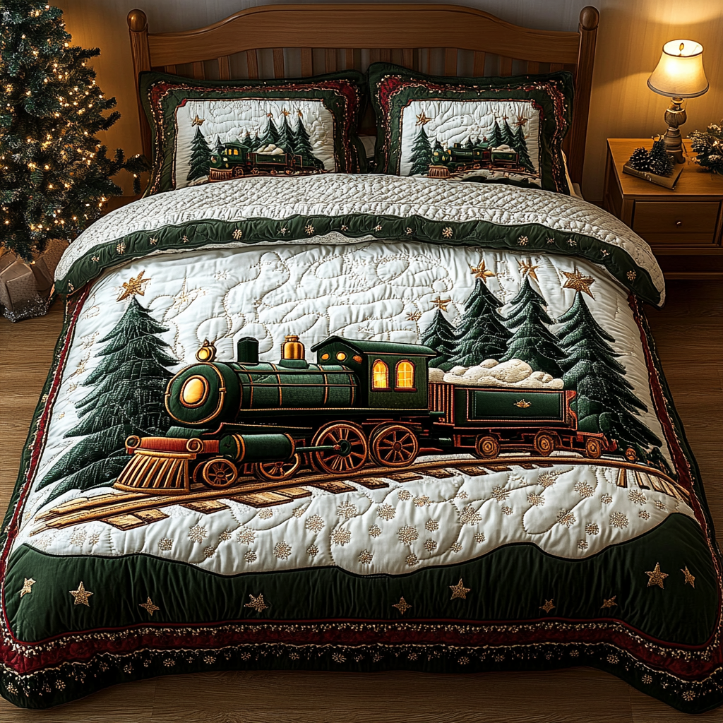 Frosty Train Quilted Bedding Set Holiday Duvet Covers Xmas Gifts For Men