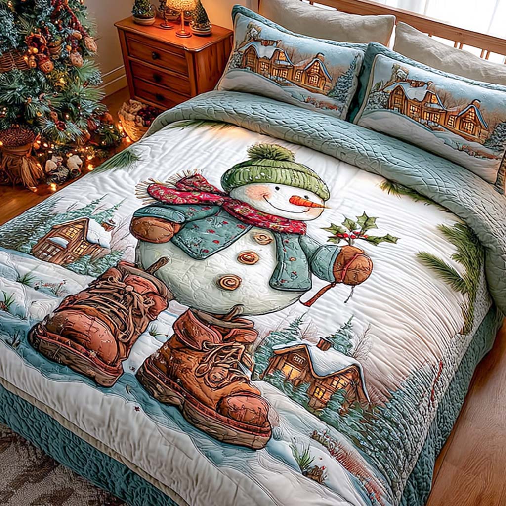 Frosty Welcome Quilted Bedding Set Holiday Season Duvet Cover Set Snowman Themed Gifts