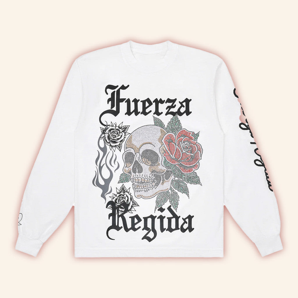 Fuerza Regida Merch FR Skull Long Sleeve Shirt White Presents For Friends Fuerza Regida Merch FR Skull Long Sleeve Shirt White Presents For Friends