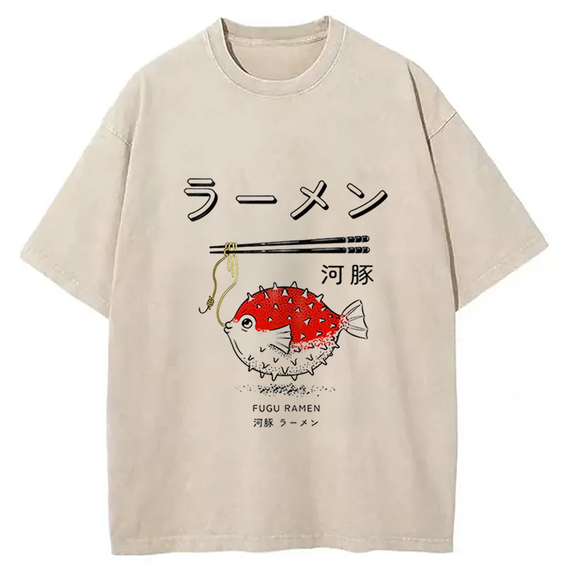 Fugu Ramen Japanese Retro Print Washed T-Shirt Retro Streetwear Graphic Top Gifts For Friends Fugu Ramen Japanese Retro Print Washed T-Shirt Retro Streetwear Graphic Top Gifts For Friends