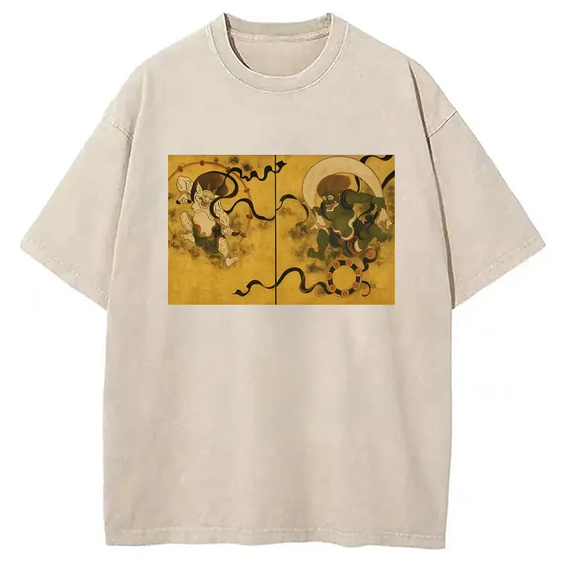 Fujin Raijin Japanese Ukiyo-e Washed T-Shirt Unisex Streetwear Graphic Style Gifts For Friends