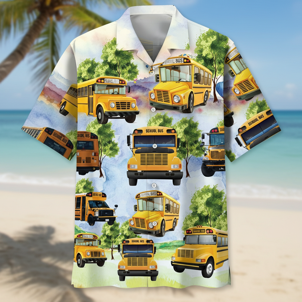 Fun Yellow School Bus Hawaiian Shirt Summer Vacation Clothing Gift For Men