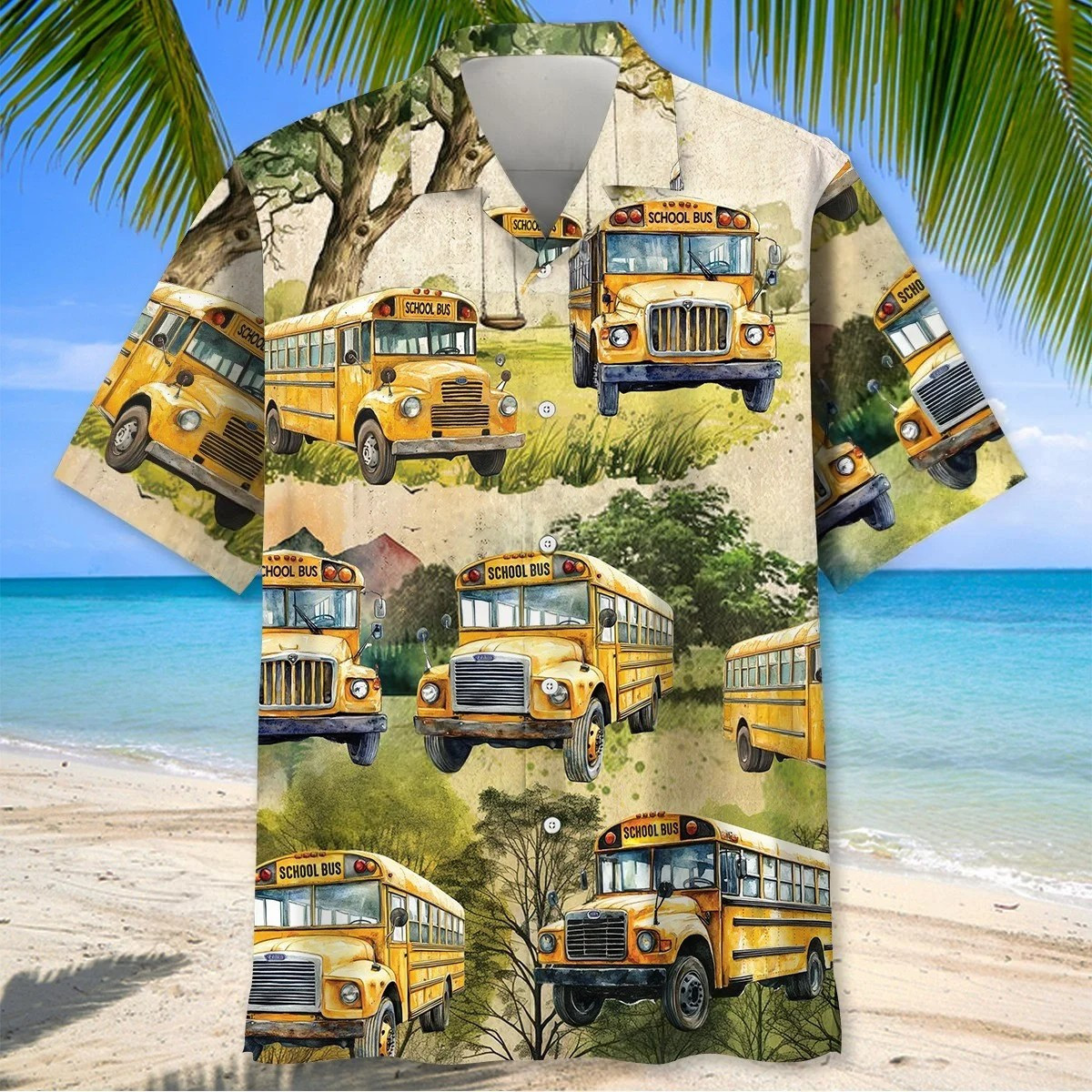 Fun Yellow School Bus Hawaiian Shirt Tropical Beach Summer Vacation Apparel Gift Ideas