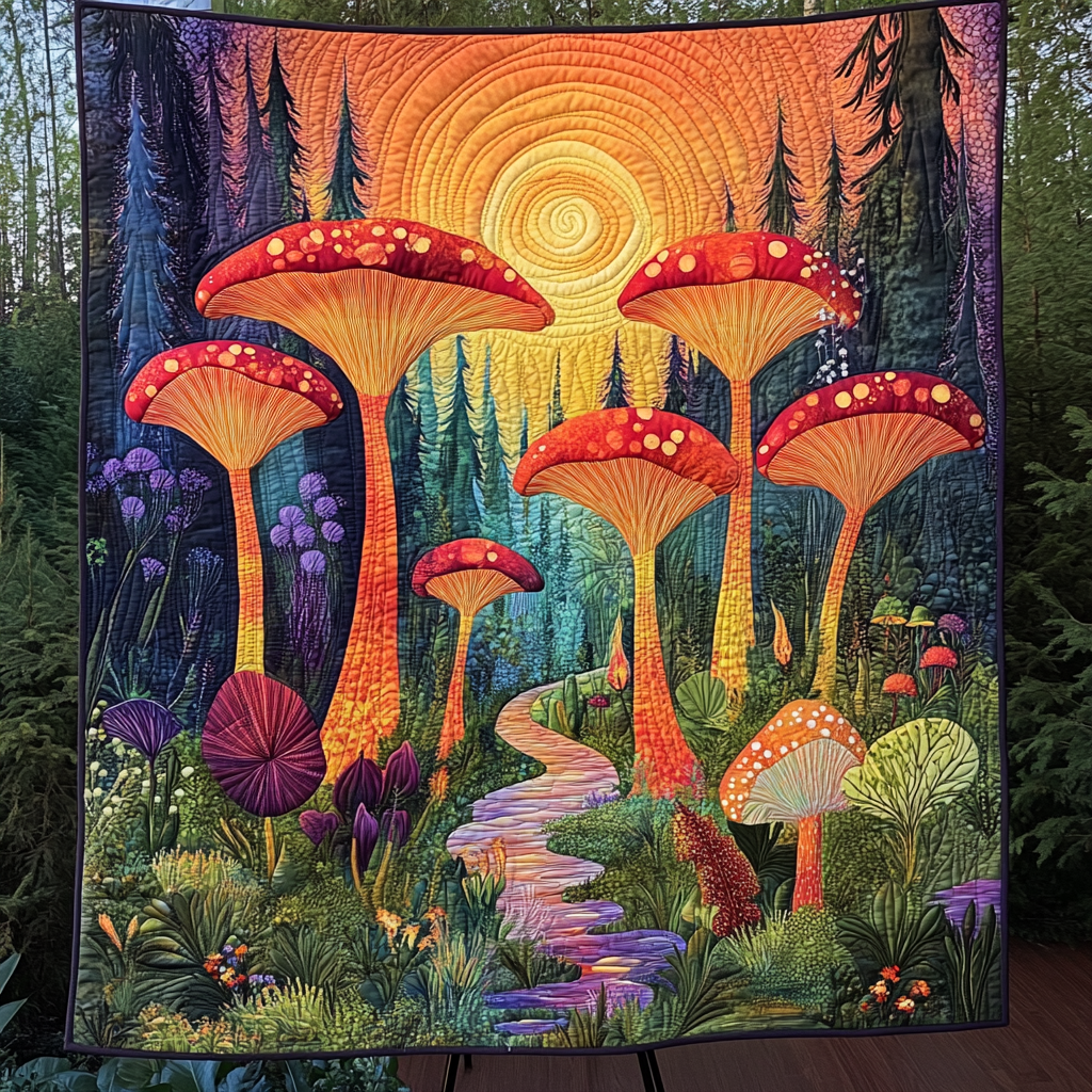 Fungi Fantasy Quilted Blanket Cute Throw Blanket Gifts For Mushroom Hunters