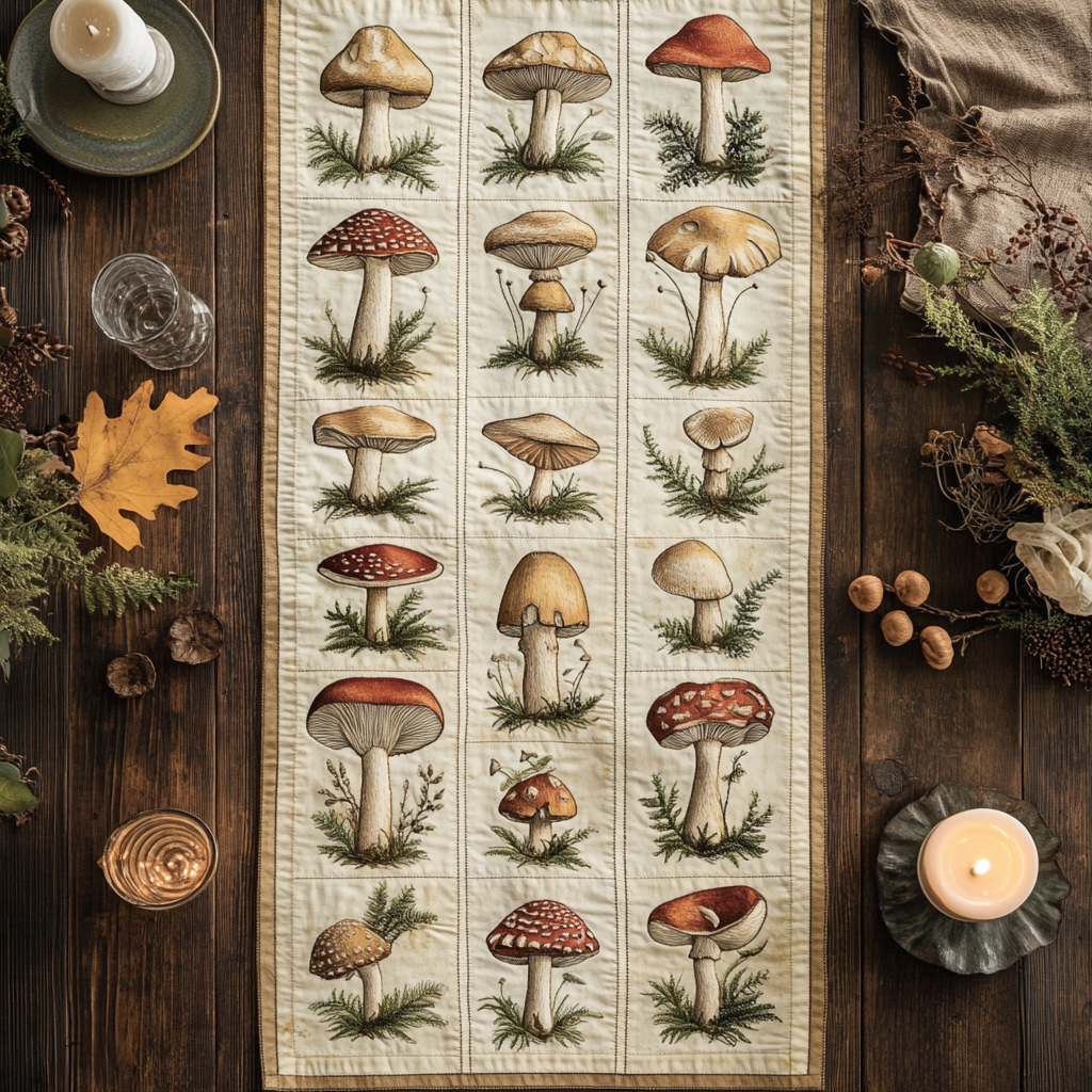 Fungi Field Quilted Table Runner Kitchen Decor Mushroom Gifts For Her