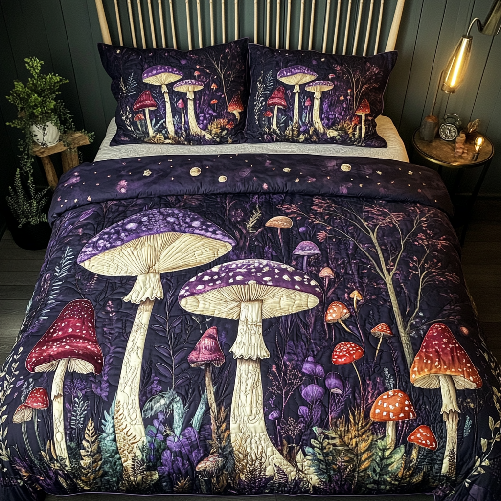 Fungi Forest Quilted Bedding Set Best Bed Sheet Set Gifts For Mushroom Lovers