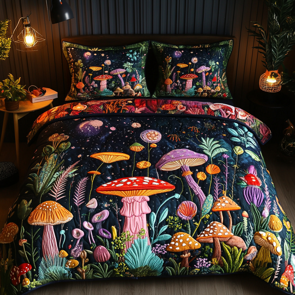 Fungi Forest Quilted Bedding Set Classic Bedding Set That Enhances Your Sleep Space