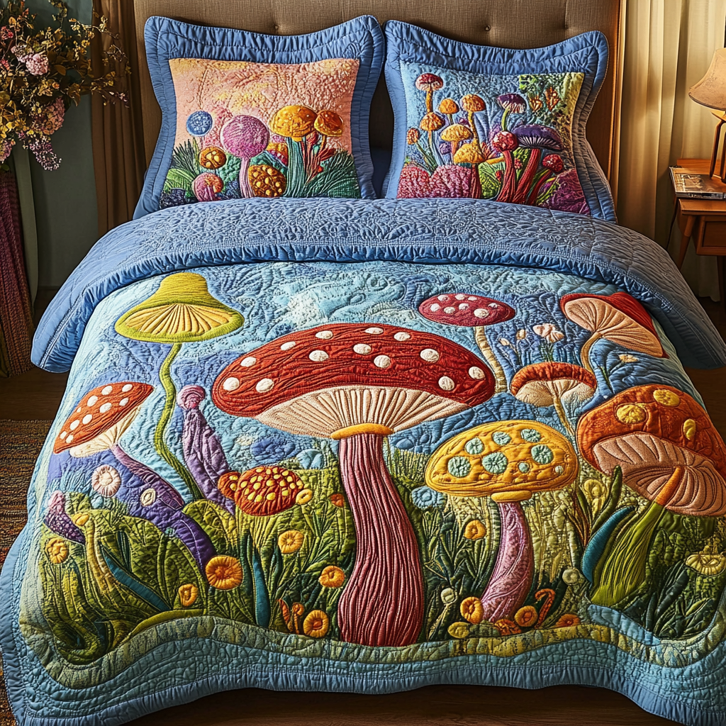 Fungi Garden Quilted Bedding Set Luxury Comforter Gift Set for Him or Her