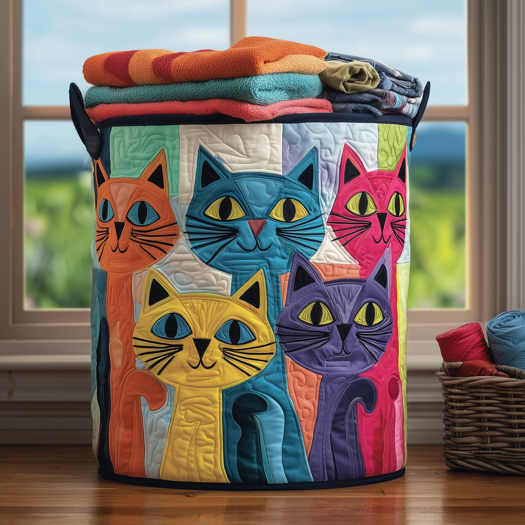 Funky Cat Quilted Laundry Basket Fabric Clothes Basket Storage Gift For Friends