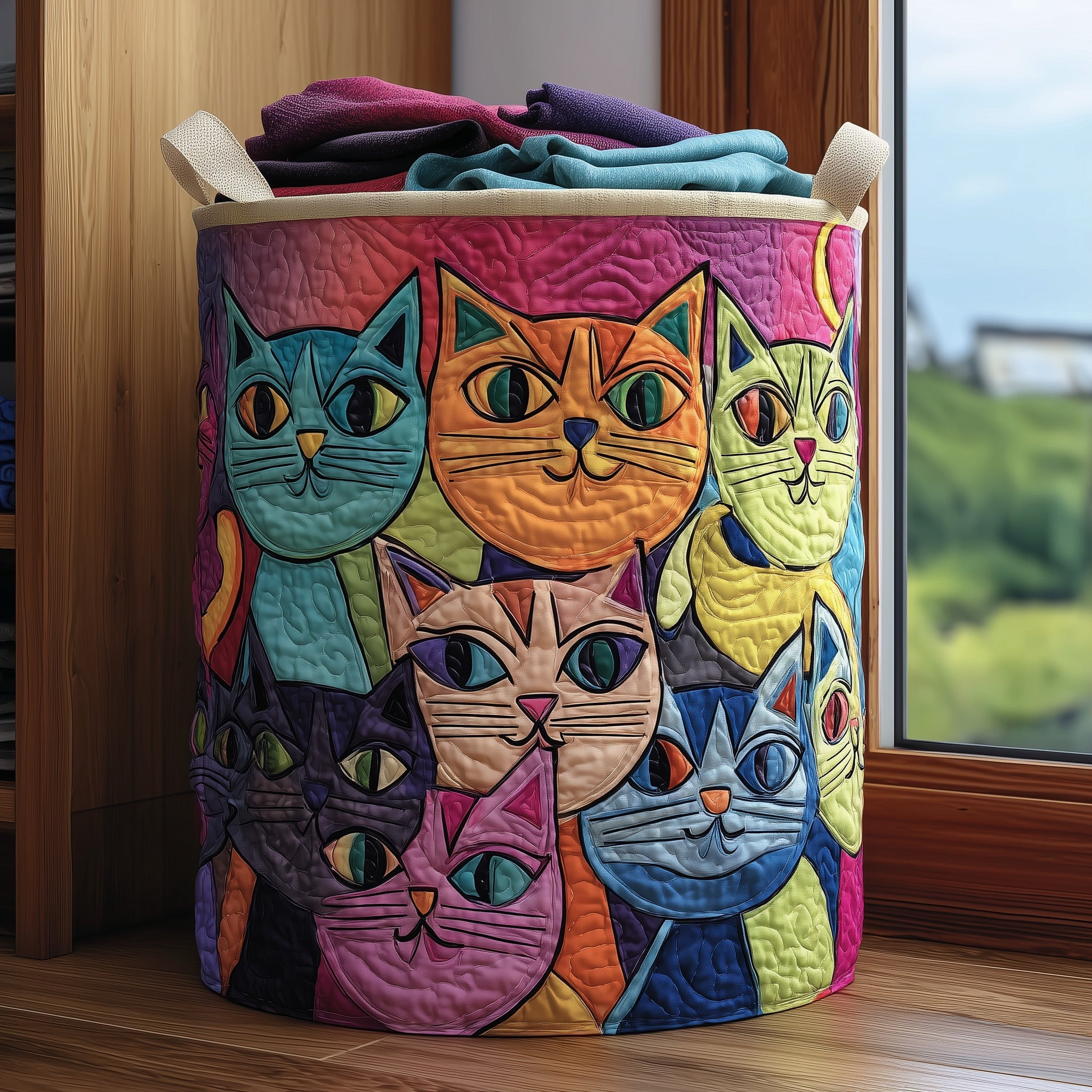 Funky Cat Quilted Laundry Basket Housewarming Home Decor Gifts For Cat Lovers