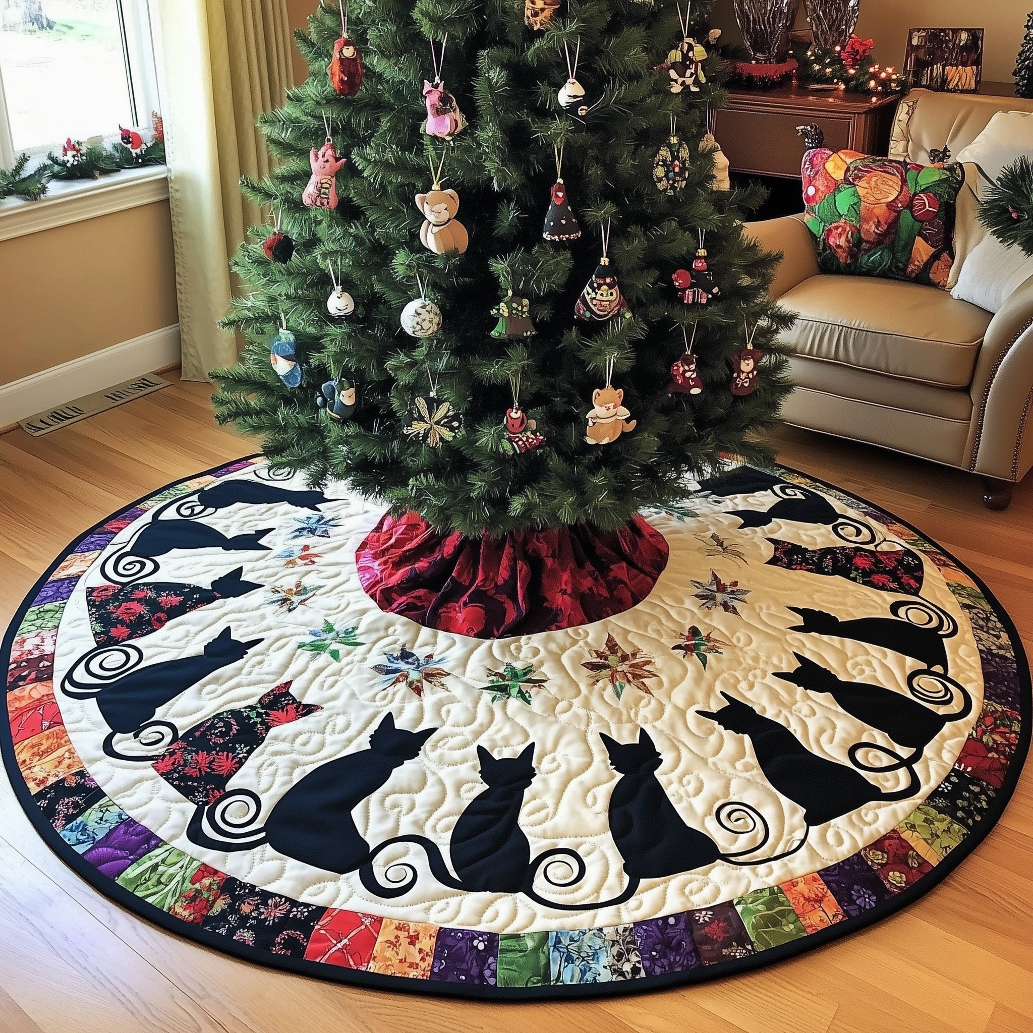 Funky Cats Quilted Tree Skirt Holiday Home Deocr Animal Home Decor Cat Gifts For Christmas