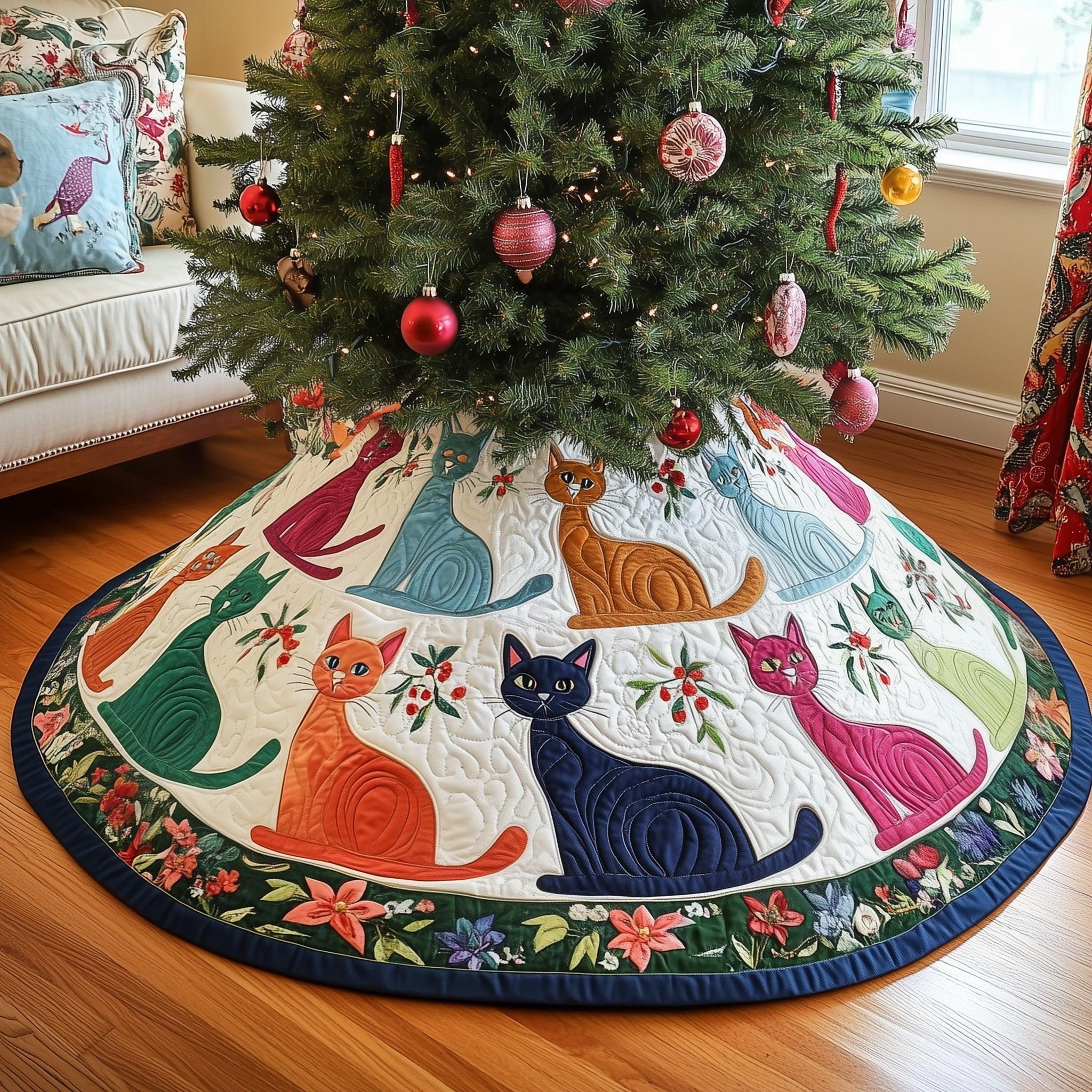 Funky Cats Quilted Tree Skirt Xmas Themed Christmas Home Decor Cat Gifts For Xmas