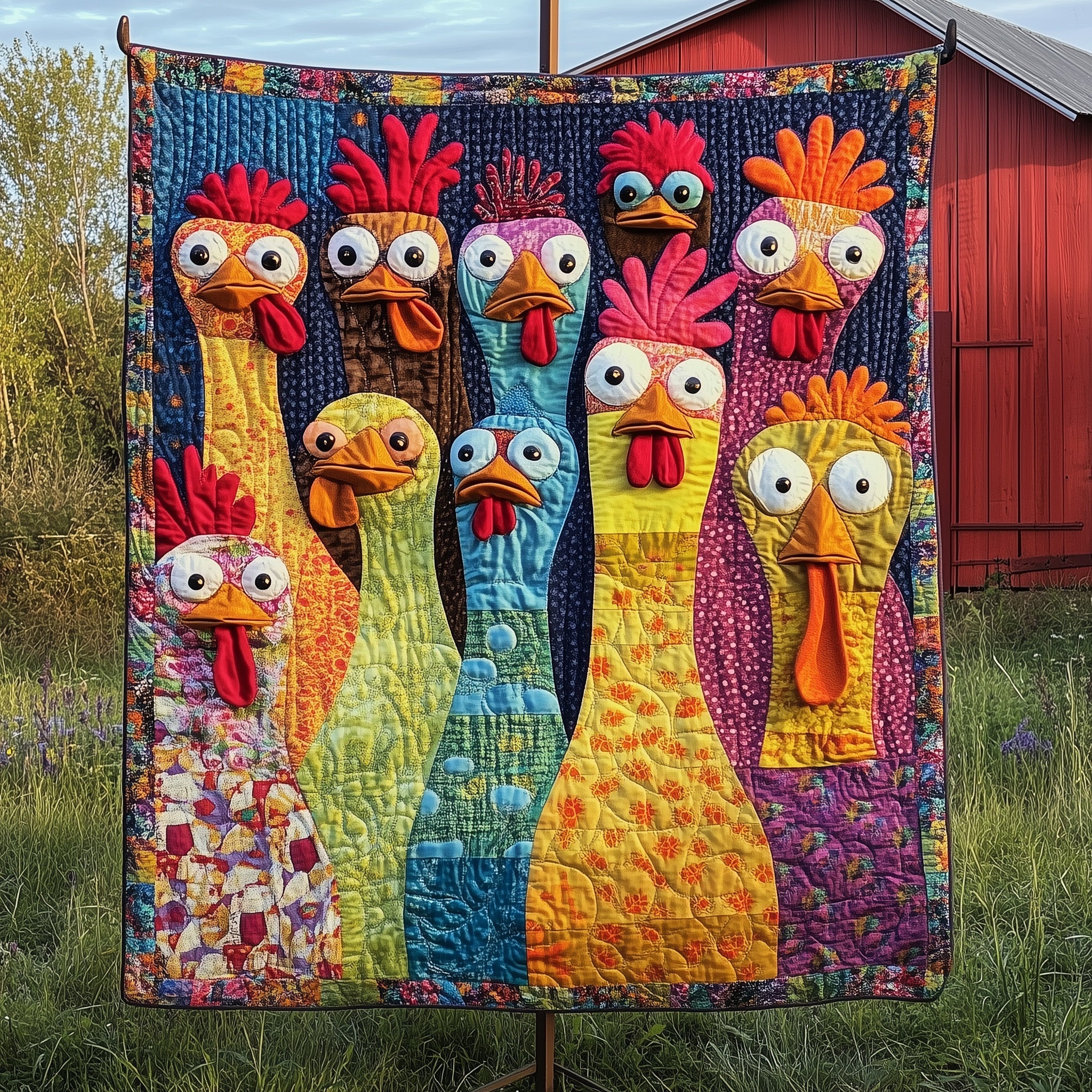 Funky Chicken Fiesta Quilted Blanket Quilted Blanket Gift for Grandma & Grandpa