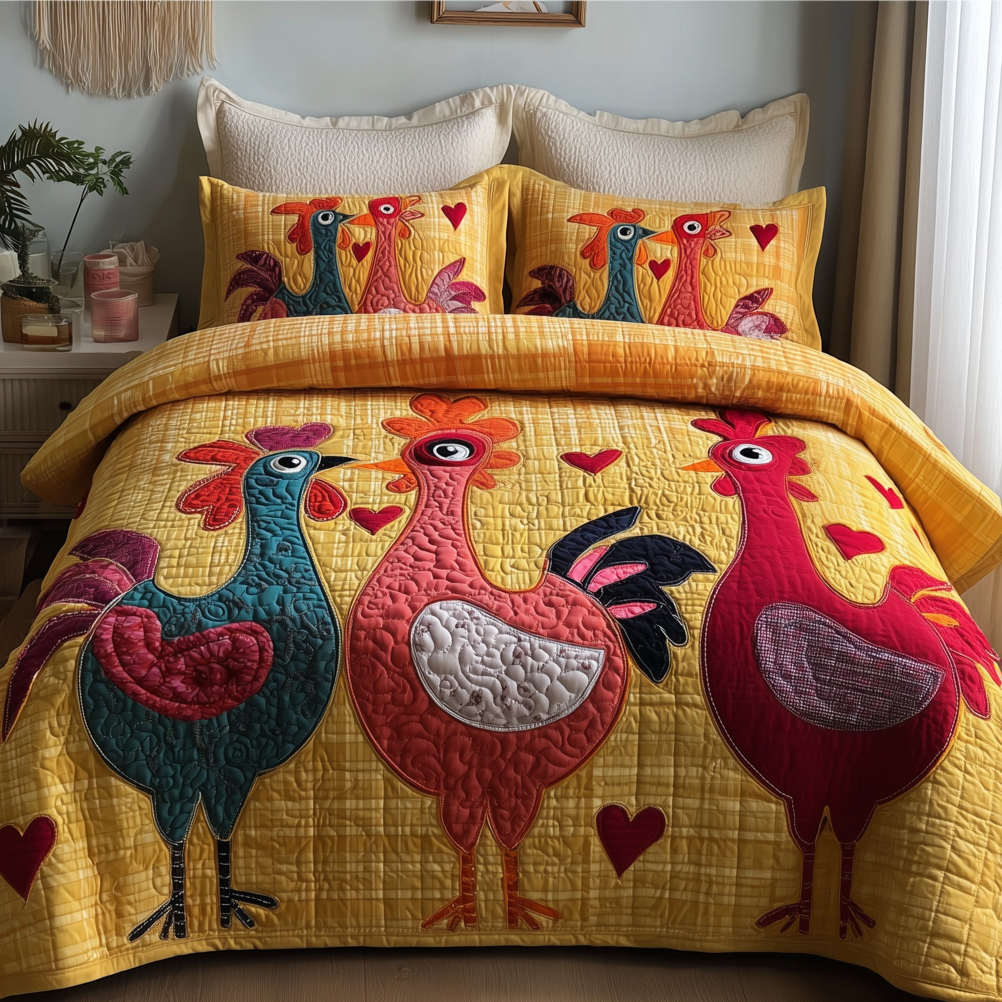 Funky Chicken Quilted Bedding Set Duvet Cover Bedspread Chicken Gifts For Him Her