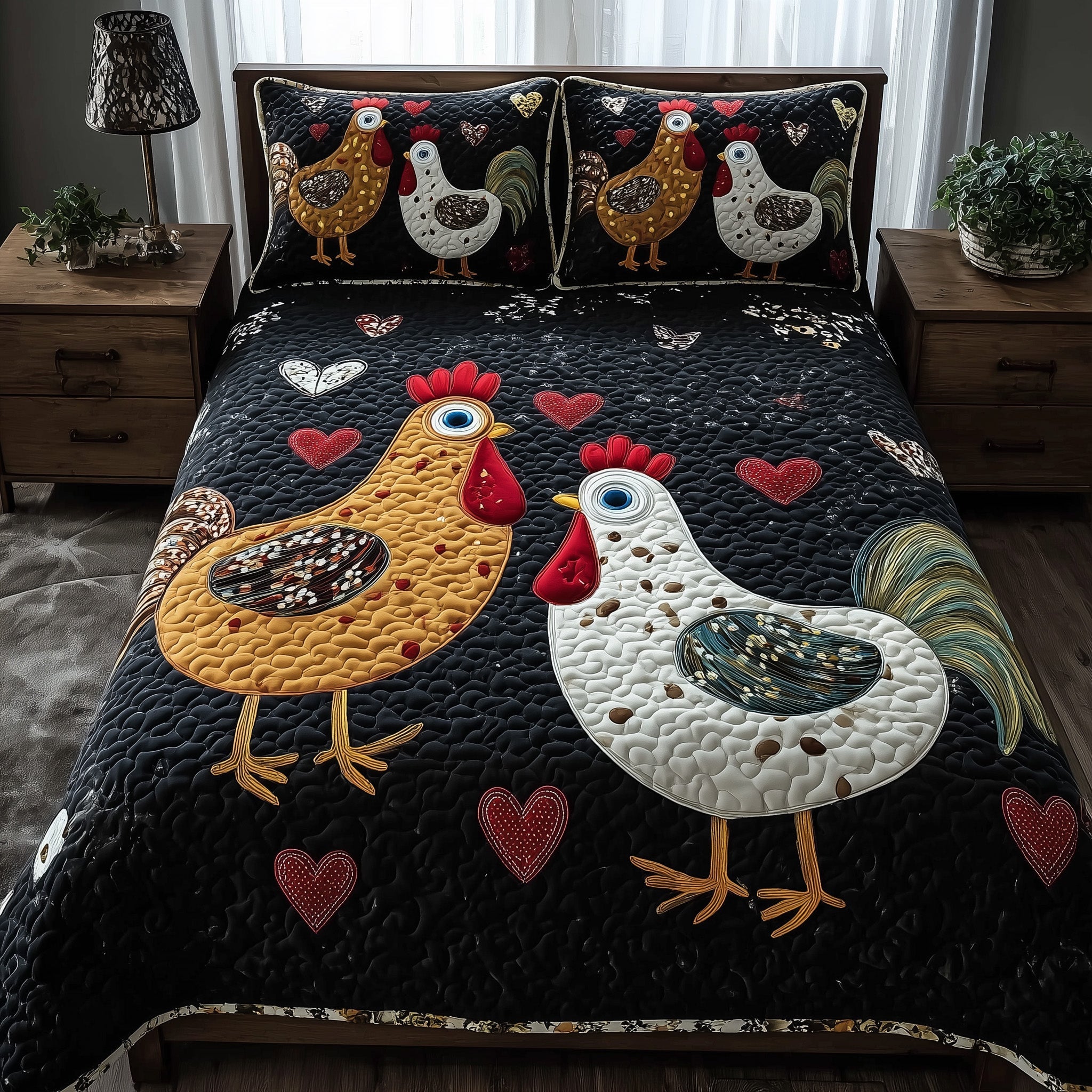 Funky Chicken Quilted Bedding Set Duvet Cover Bedspread Unique Gifts For Chicken Lovers