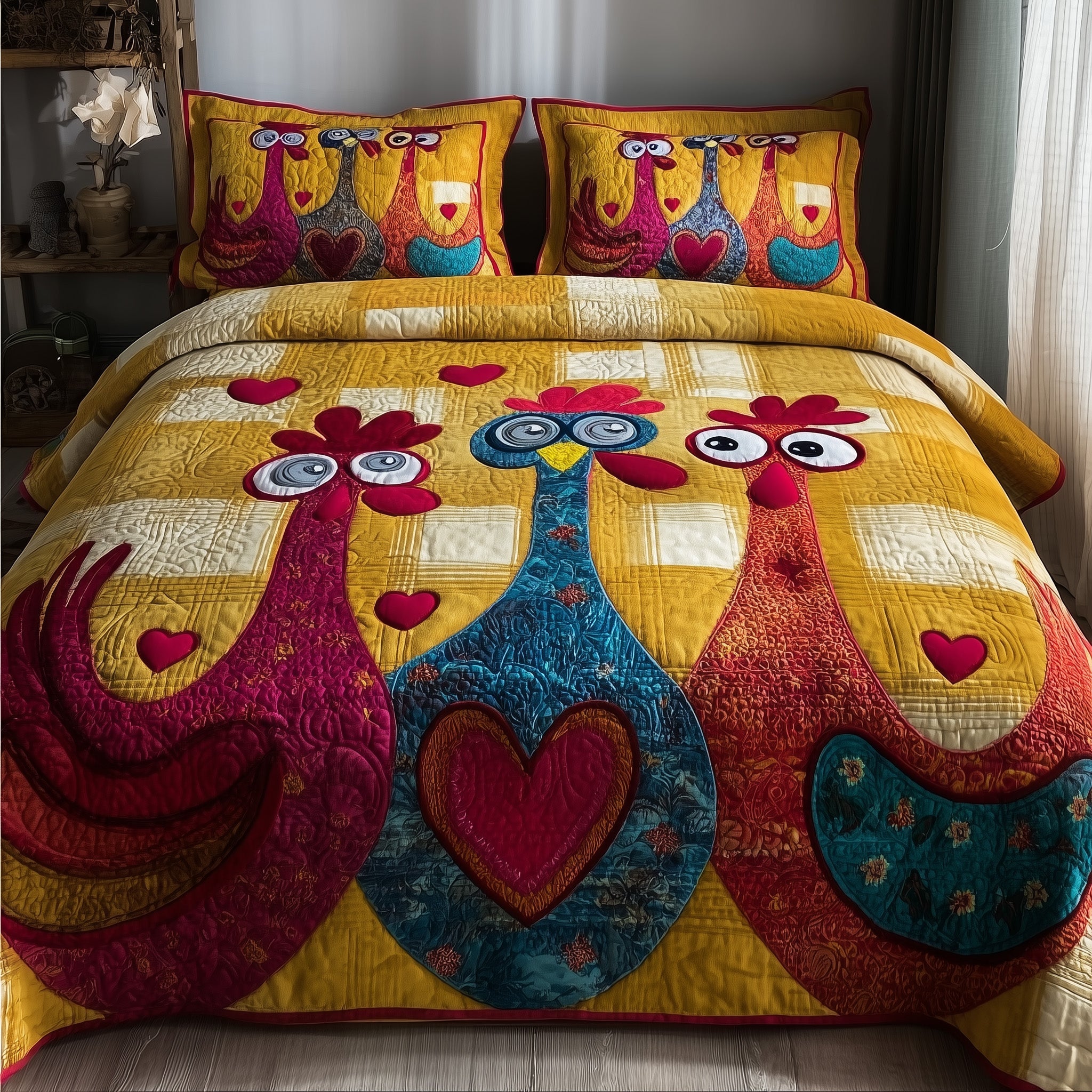 Funky Chicken Quilted Bedding Set For Couples (2)