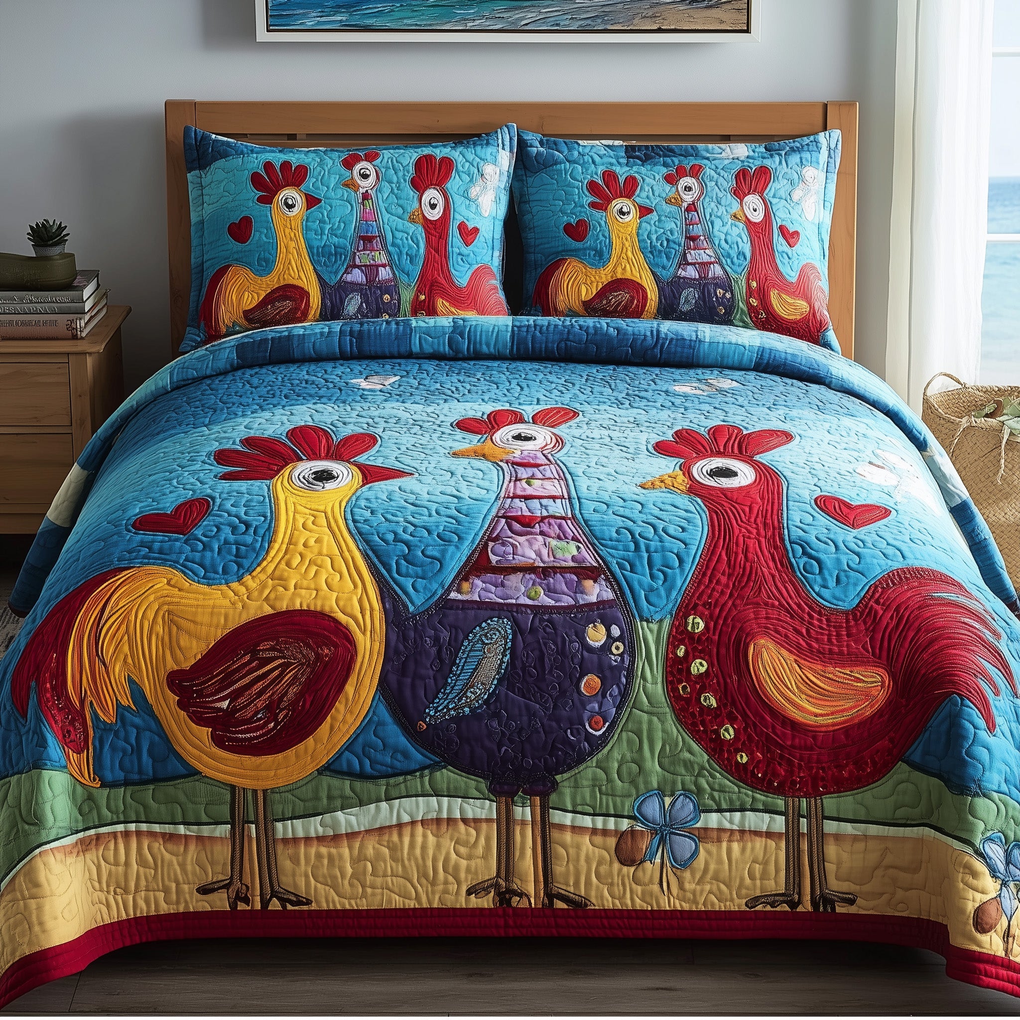 Funky Chicken Quilted Bedding Set For Couples
