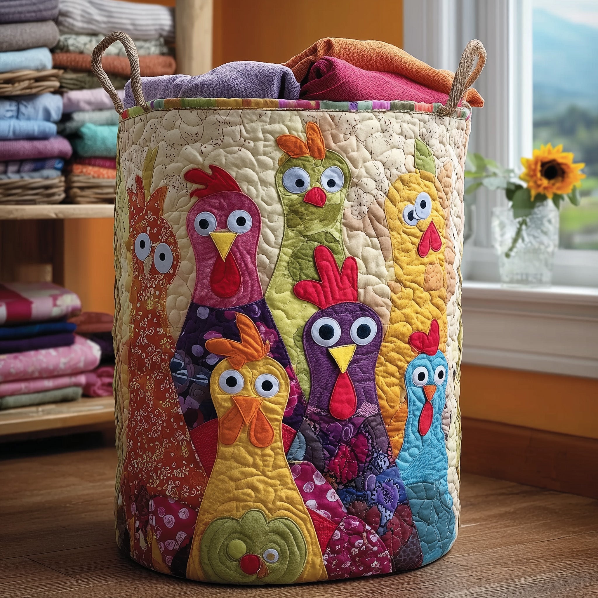 Funky Chicken Quilted Laundry Basket Beautiful Rooster Basket Gift For Enthusiasts