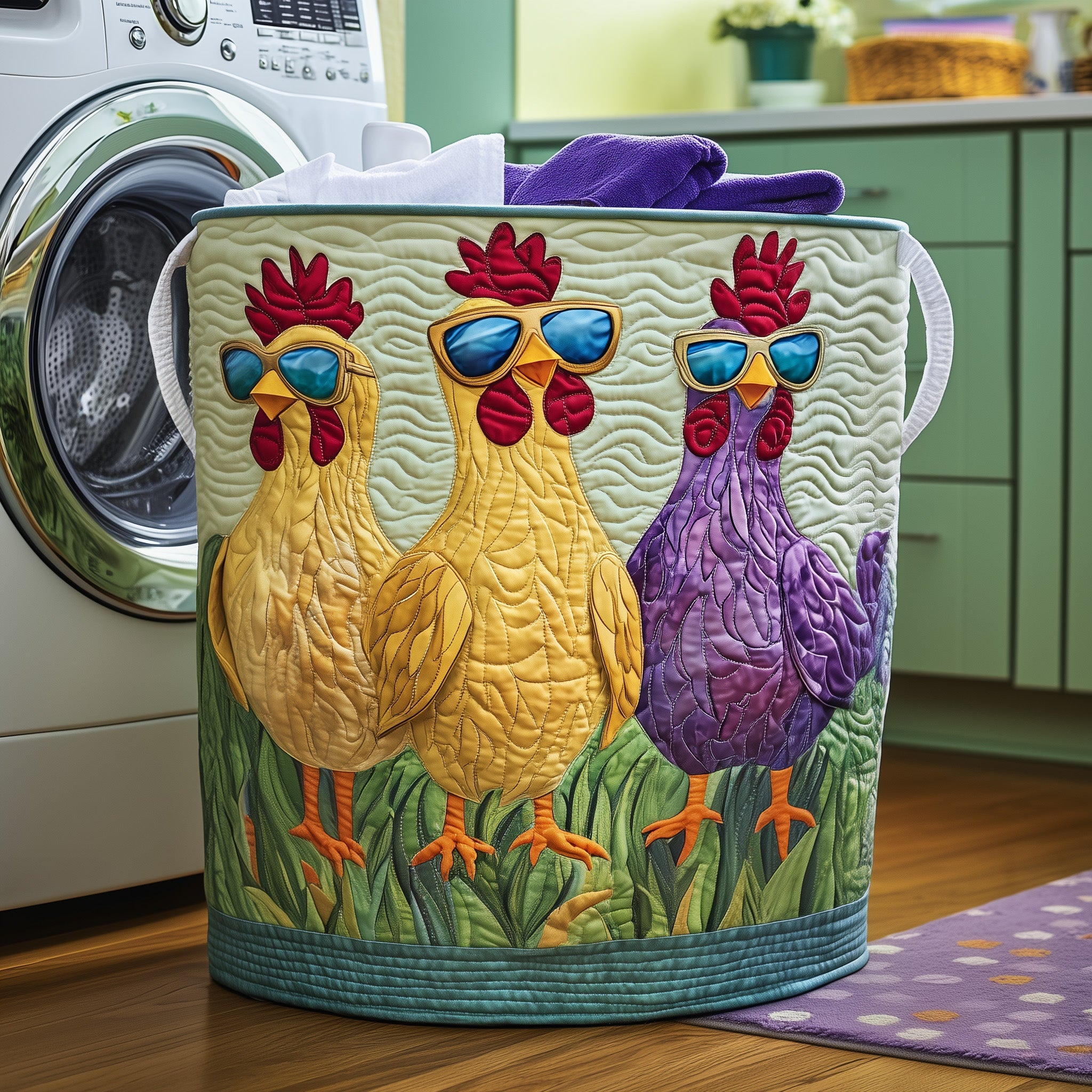 Funky Chicken Quilted Laundry Basket Holiday Merch Gift