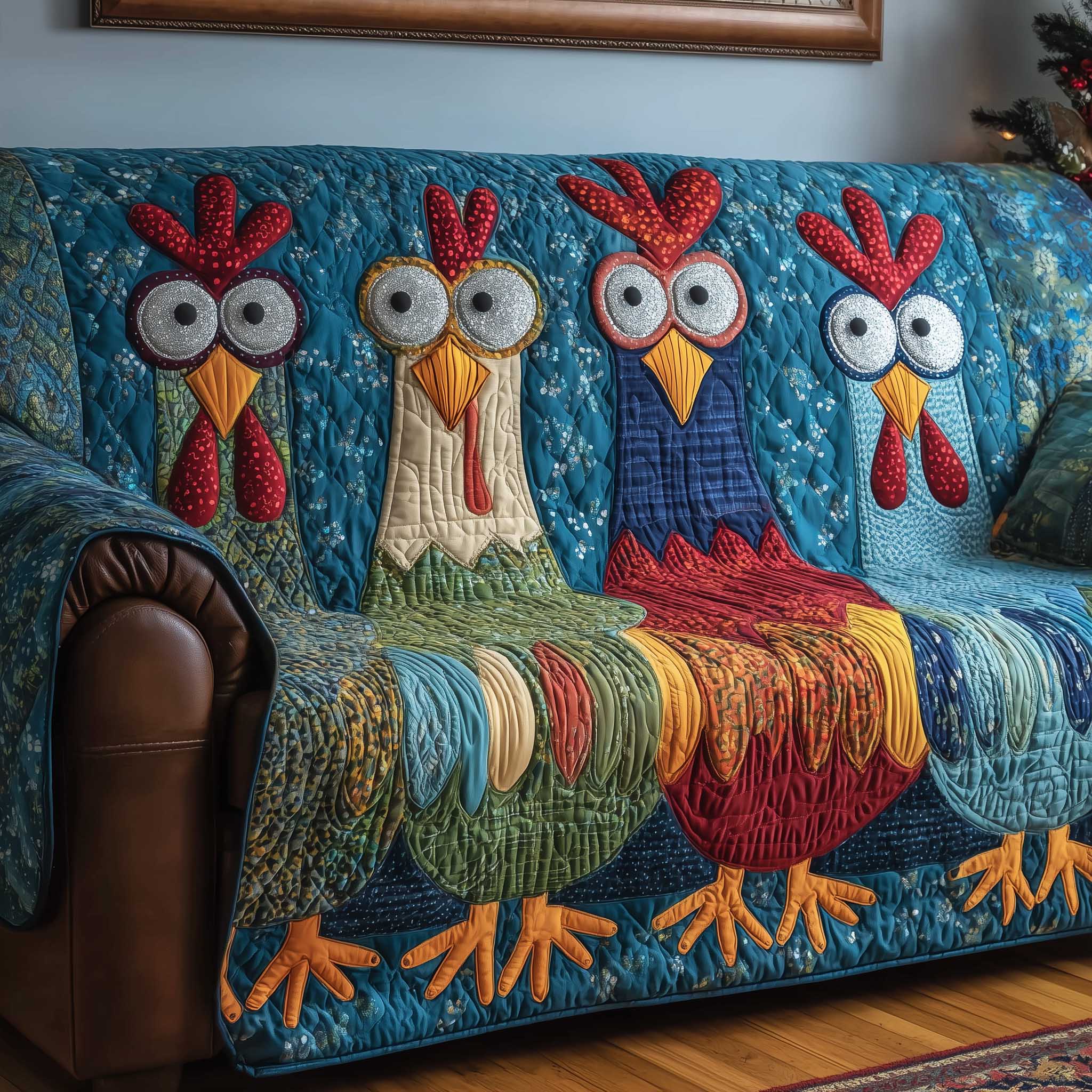 Funky Chicken Quilted Sofa Cover Abstract Farm Bird Design Best Gifts For Chicken Owners