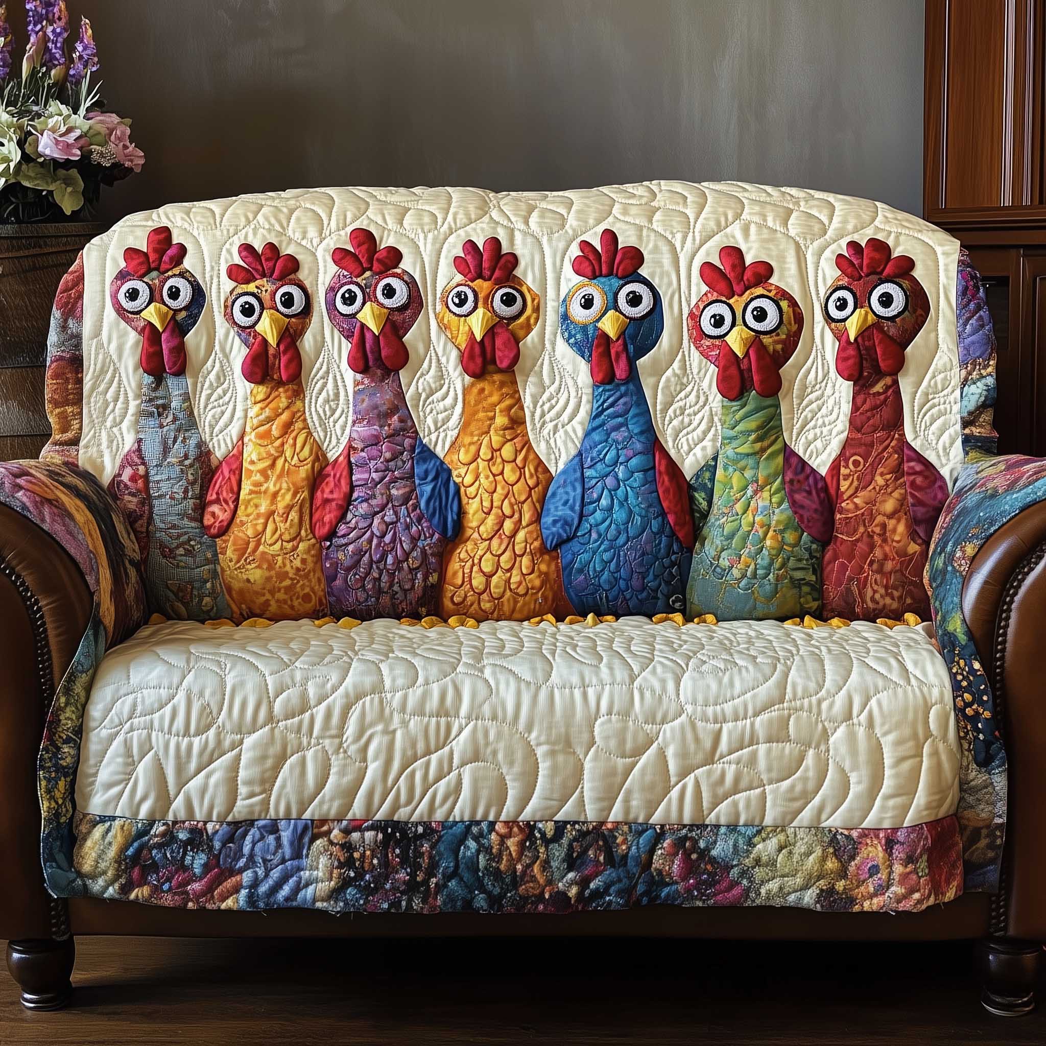 Funky Chicken Quilted Sofa Cover Modern Country Fowl Accent Best Gifts For Chicken Owners