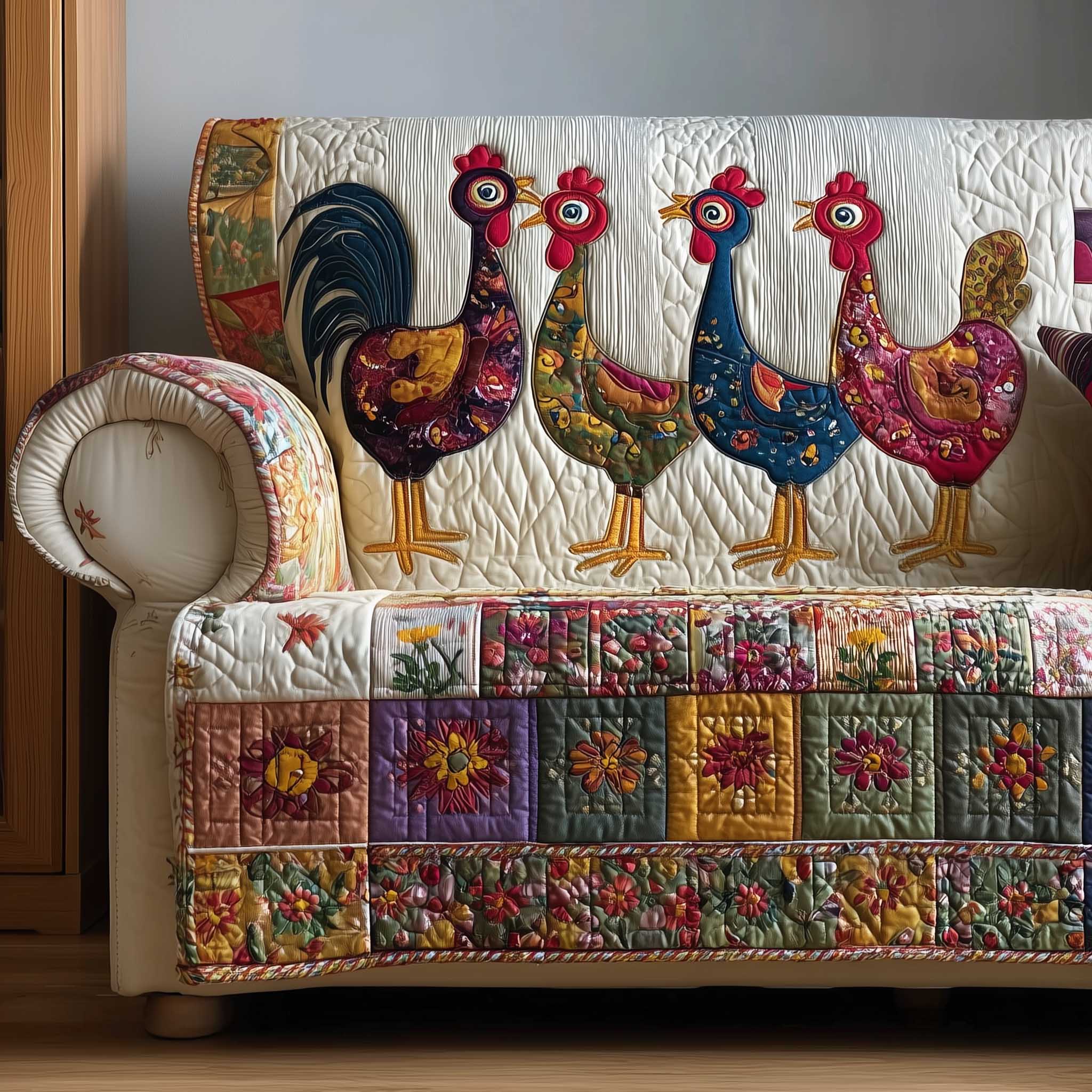 Funky Chicken Quilted Sofa Cover Quirky Hen and Chick Motif Best Gifts For Chicken Owners