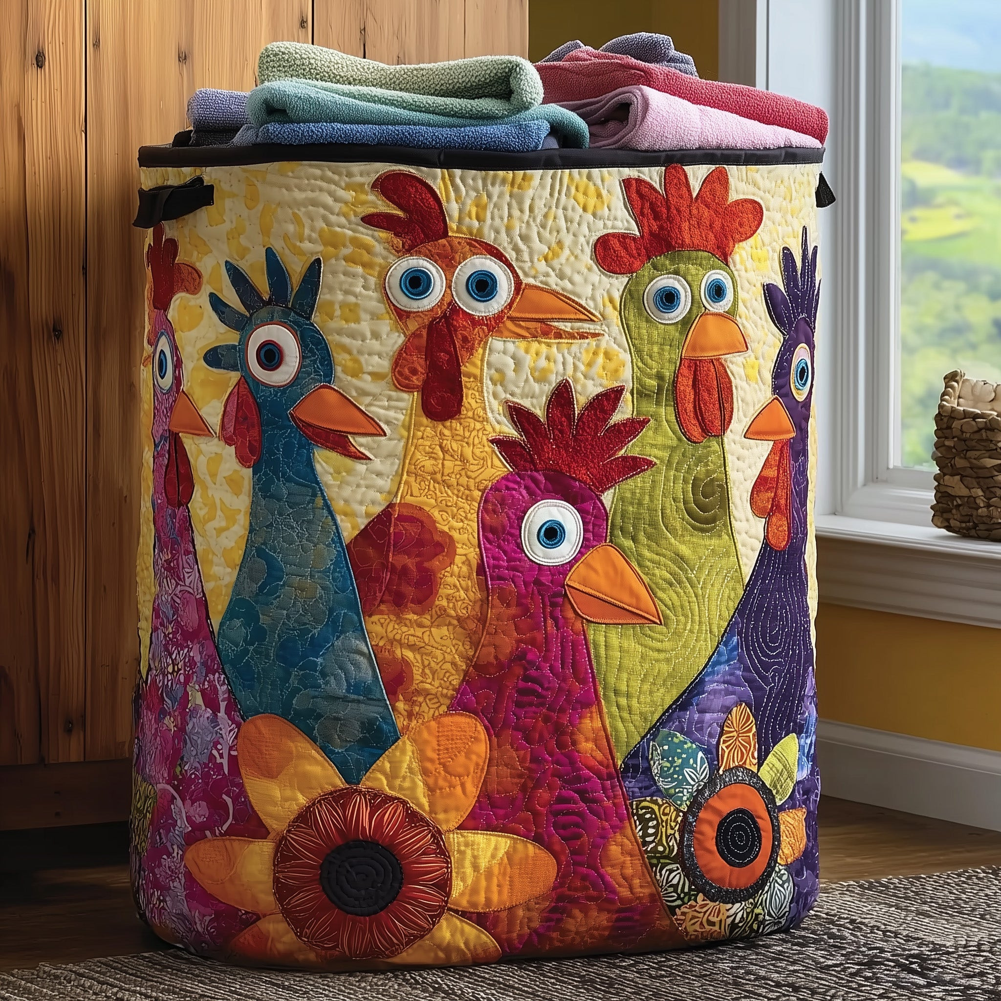 Funky Chickens Looking Quilted Laundry Basket Laundry Room Decoration Gift Ideas