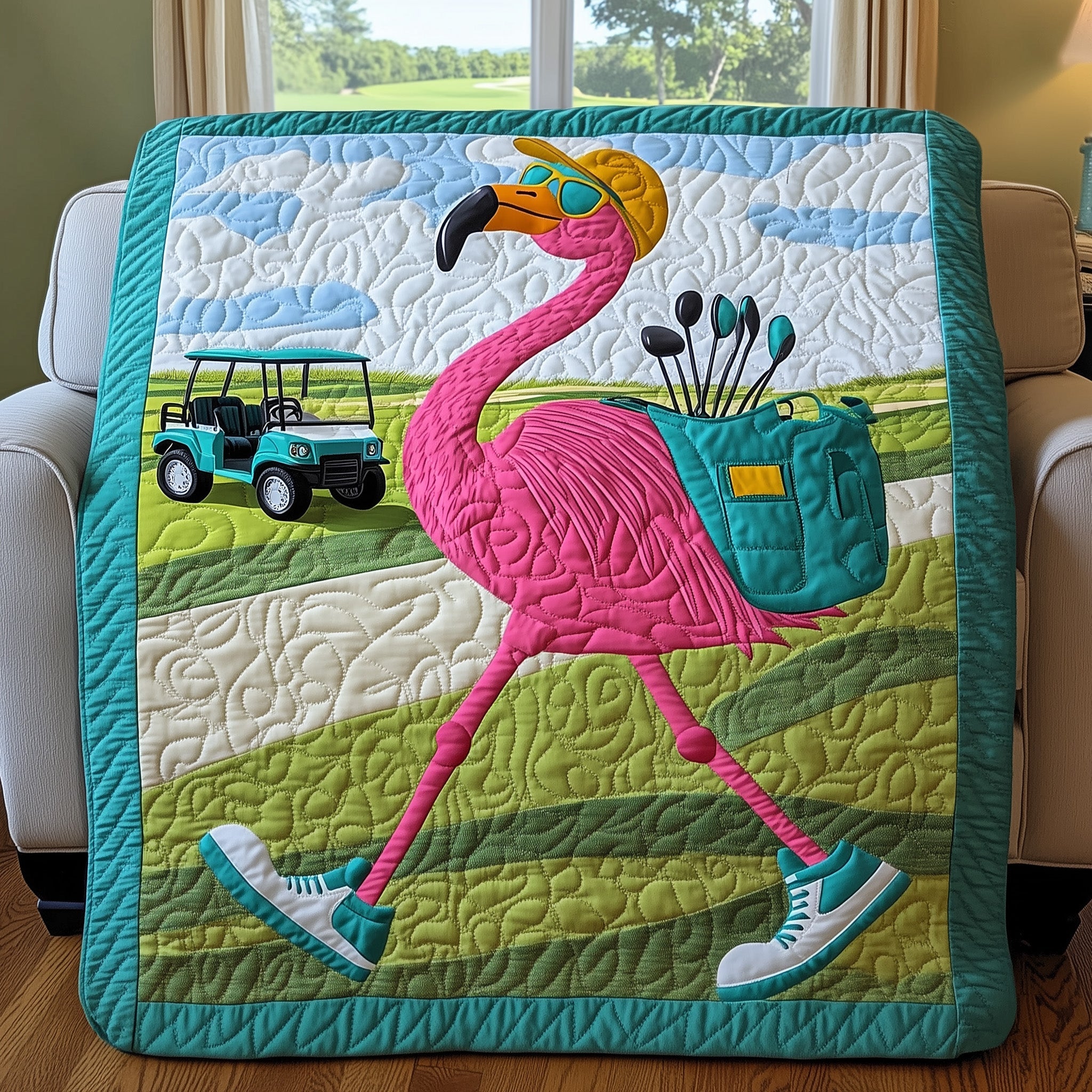 Funky Flamingo Golfer Quilted Blanket Best Couch Throw BlanketFlamingo Novelty Gifts