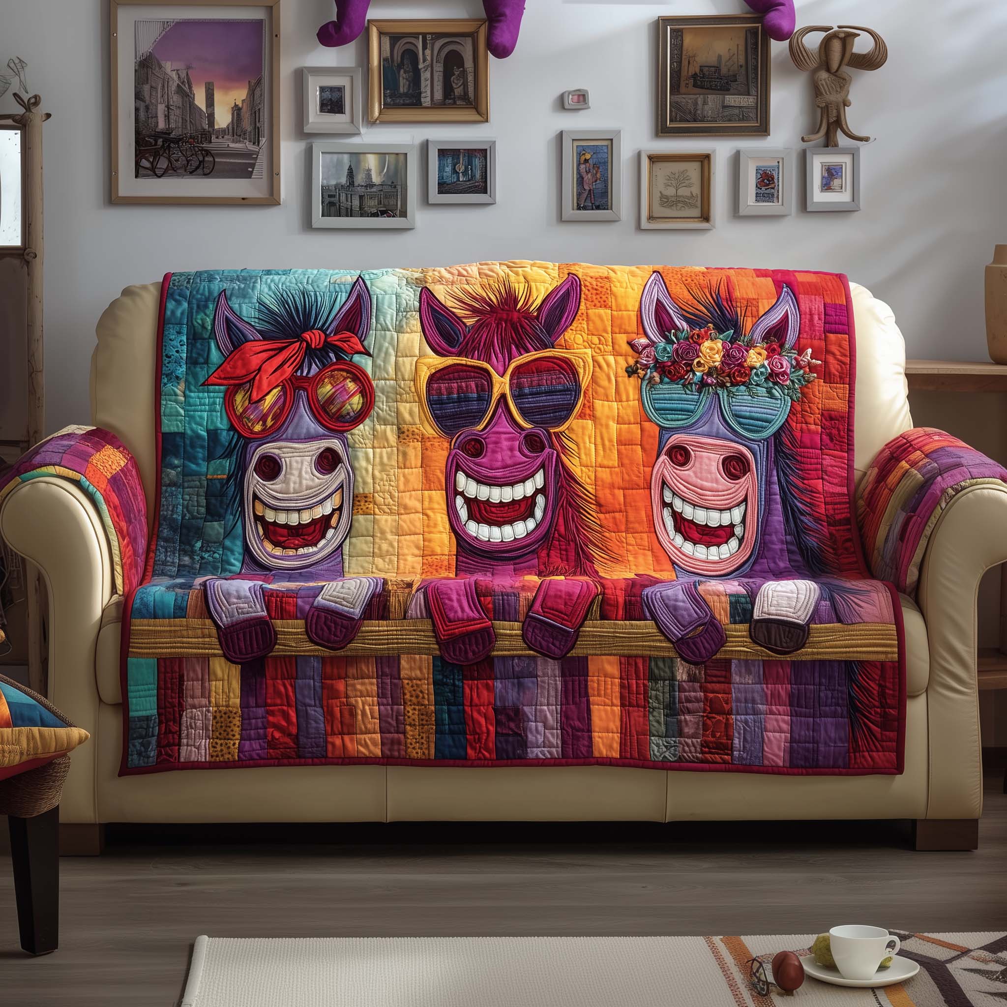 Funky Horse Quilted Sofa Cover Abstract Neon Equine Design Cool Gifts For Horse Lovers