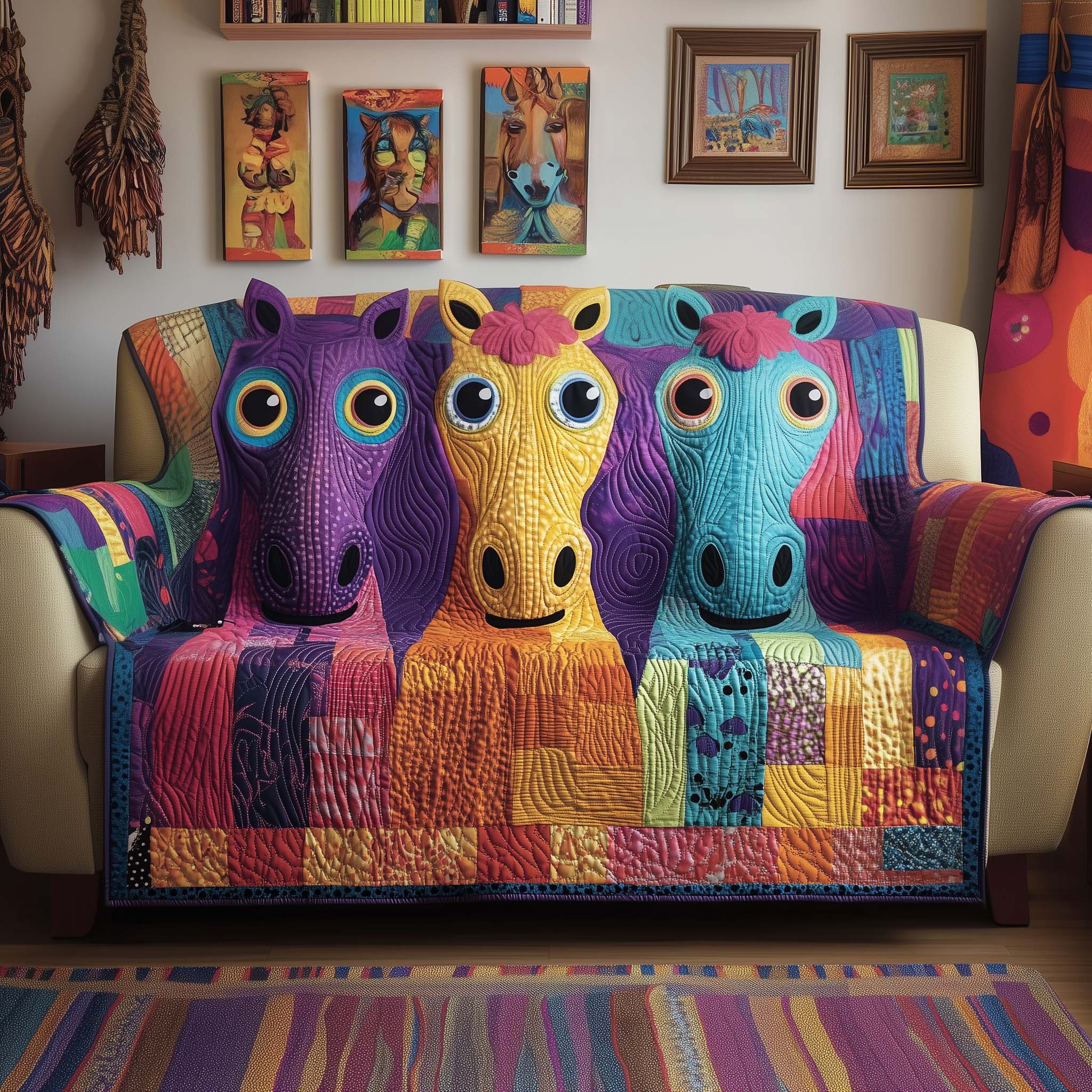 Funky Horse Quilted Sofa Cover Bold Painted Motif Cool Gifts For Horse Lovers