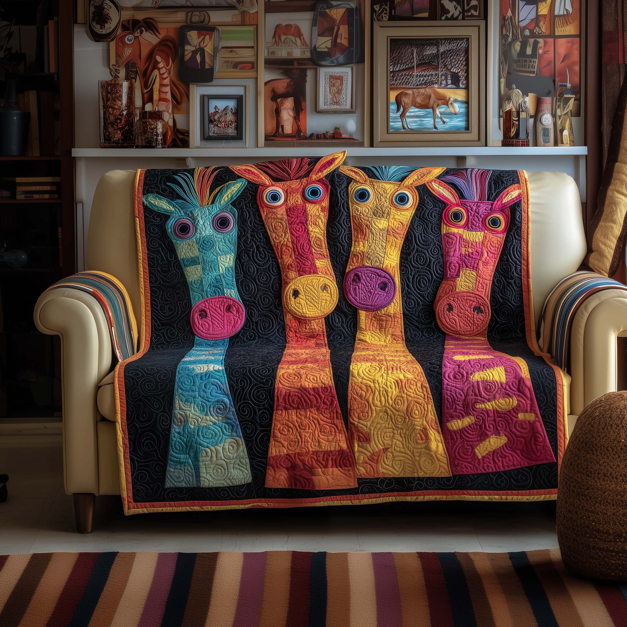 Funky Horse Quilted Sofa Cover Vibrant Abstract Accent Cool Gifts For Horse Lovers