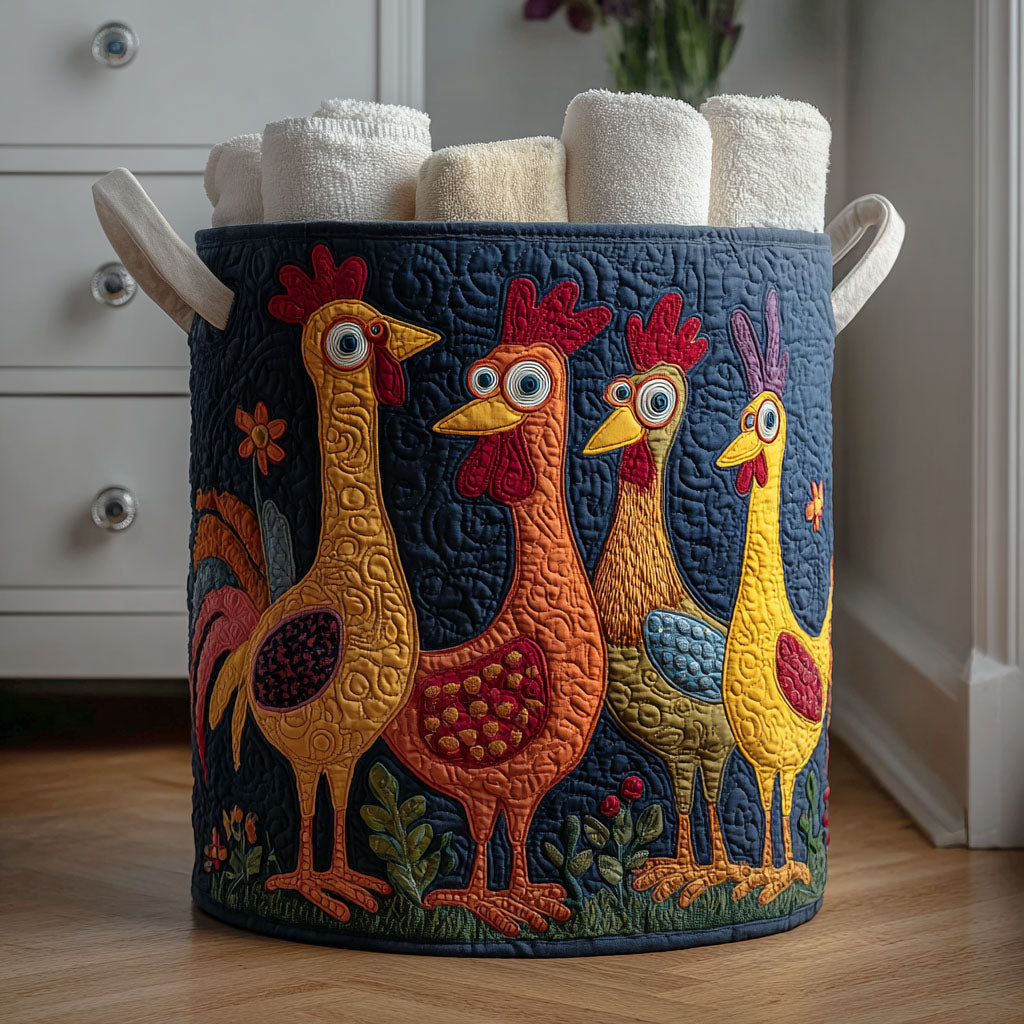 Funky Rooster Parade Quilted Laundry Basket Quilted Fabric Laundry Bin for Organized Living