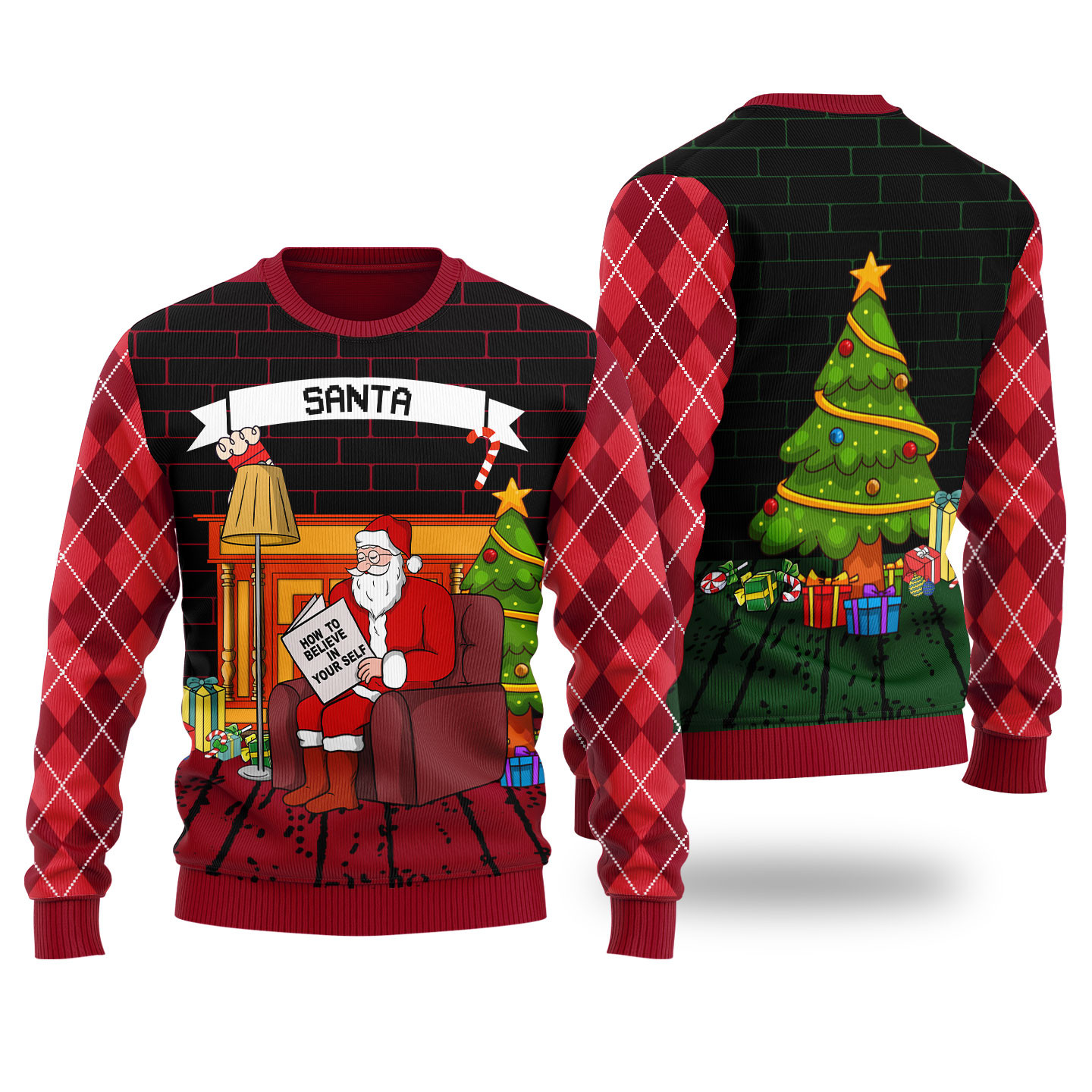 Funny Believe In Yourself Santa Ugly Christmas Sweater Cardinal Red Warm Winter Sweater to Brighten Your Holidays