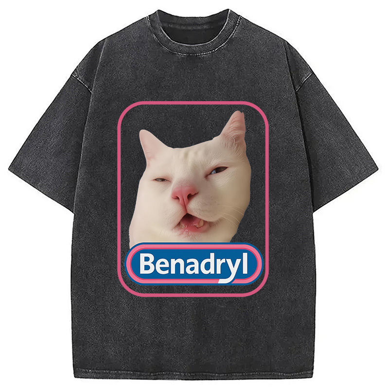 Funny Benadryl Meme Cat Washed T-Shirt Unique Aesthetic Fashion Tee Gifts For BFF