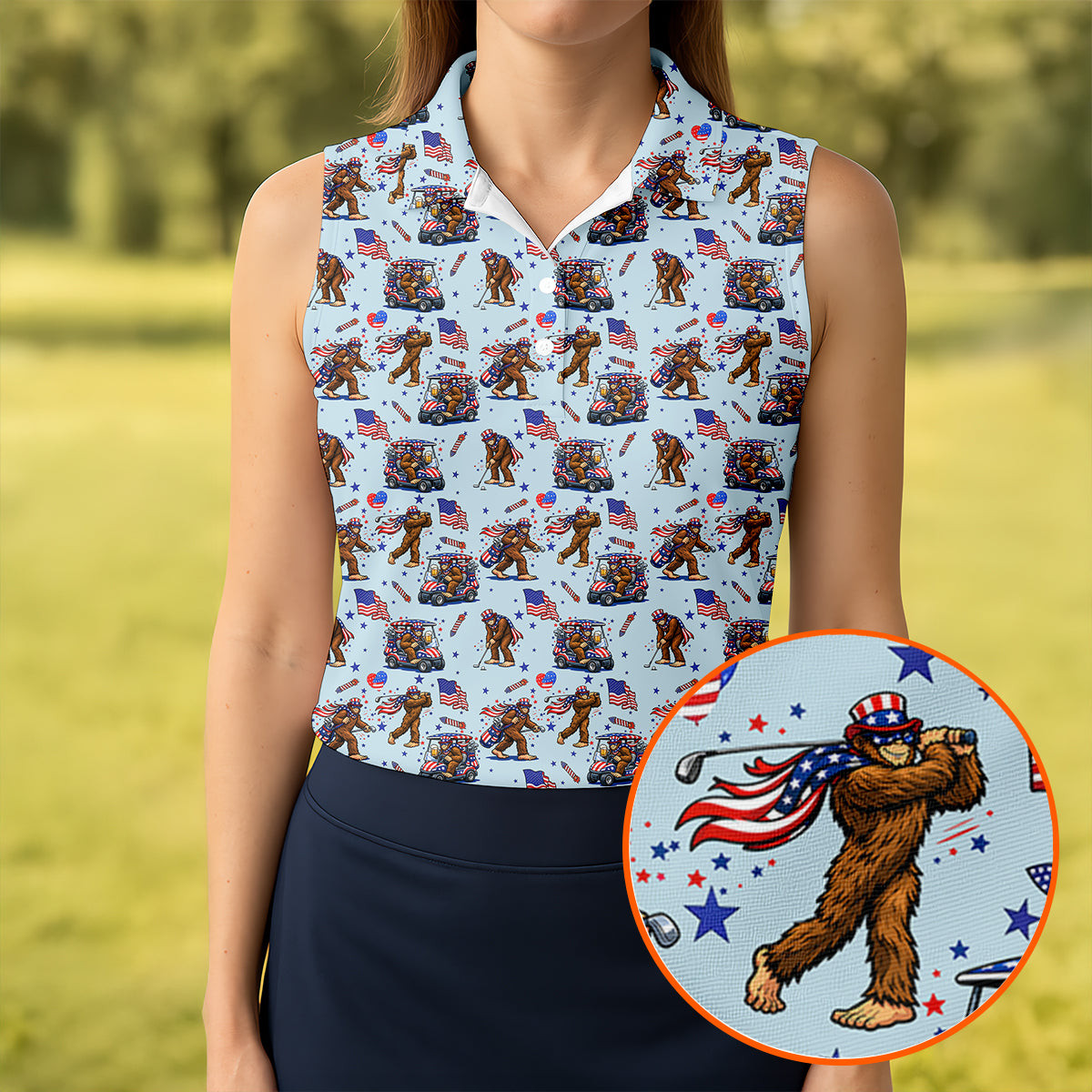 Funny Bigfoot 4Th Of July Sleeveless Polo Shirt Patriotic Golf Shirt Golf Presents For Women