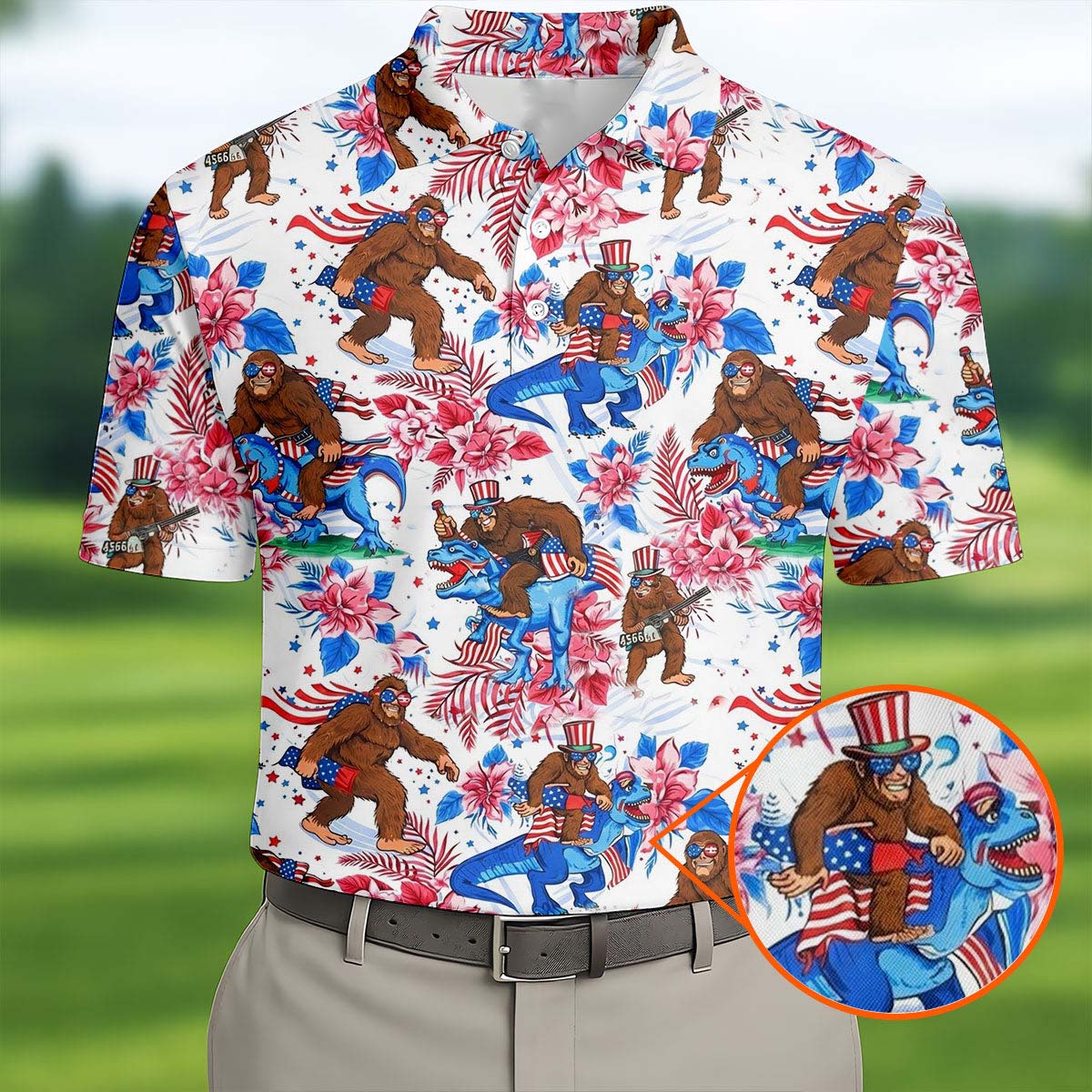 Funny Bigfoot American Flag Golf Polo Shirt 4Th Of July Golf Shirt Golf Gifts For Golfers