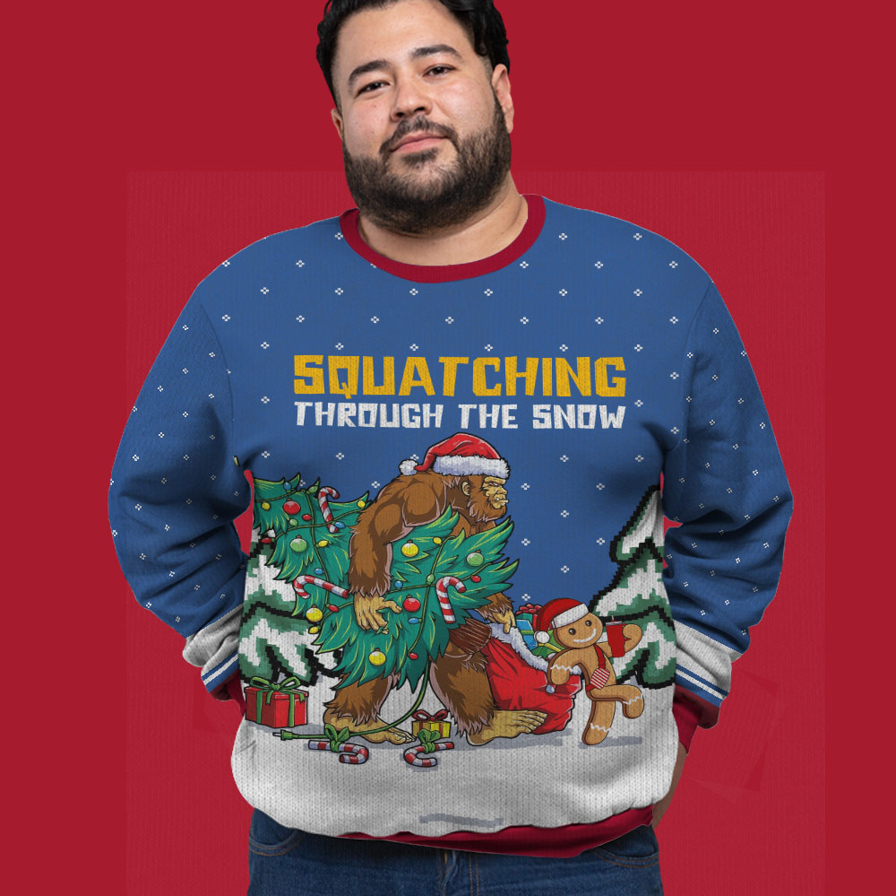 Funny Bigfoot Gingerbread Oversized Christmas Sweater Royal Funny Holiday Sweater for Family Gatherings