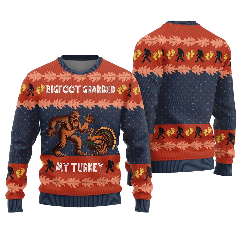 Funny Bigfoot Grabs Turkey Funny Thanksgiving Sweater Adults Classic Holiday Sweater for Festive Looks