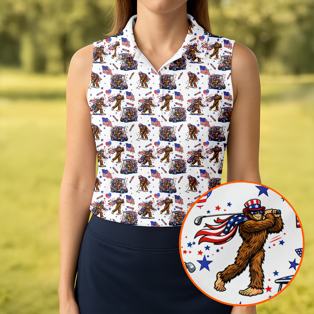 Funny Bigfoot Patriotic Sleeveless Polo Shirt Modern Golf Apparel Gifts For A Female Golfer
