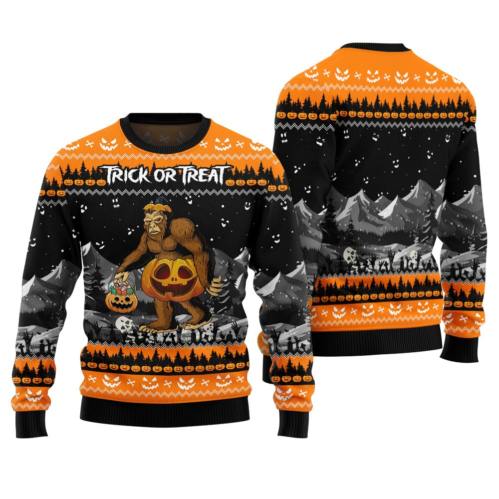 Funny Bigfoot Trick Or Treat Halloween Ugly Sweater Black Warm Winter Sweater to Brighten Your Holidays