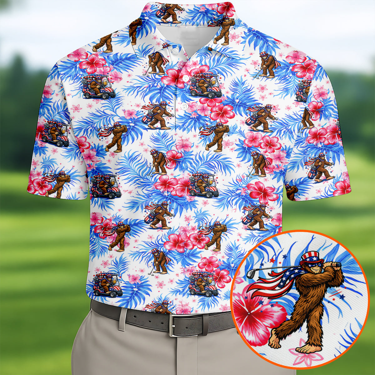 Funny Bigfoot Tropical Vibe Golf Polo Shirt Golf Outfit Men Cool Golf Gifts For Dad